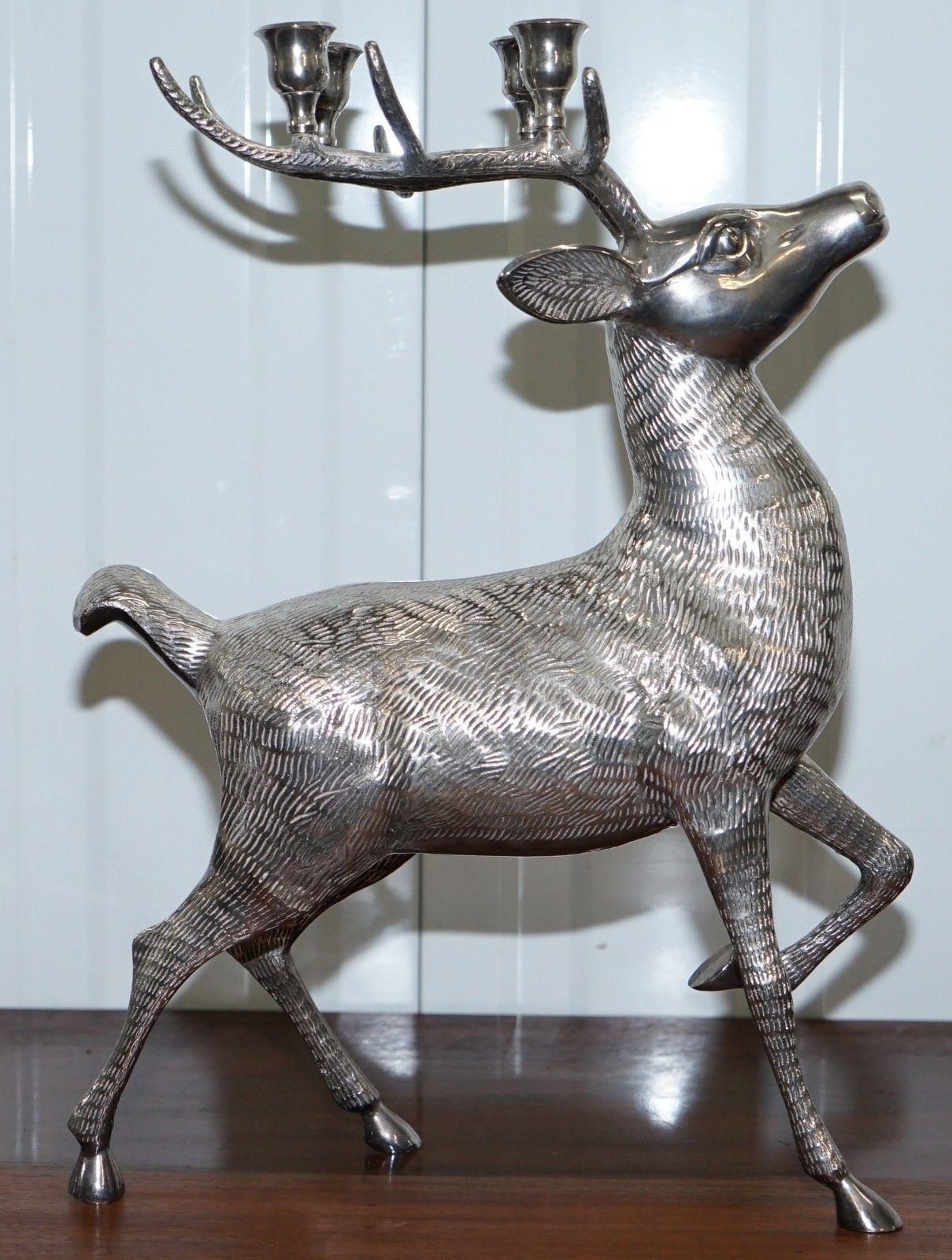 English Rare Ornately Cast Large Silver Plated Candle Stick Holder Reindeer Candelabra