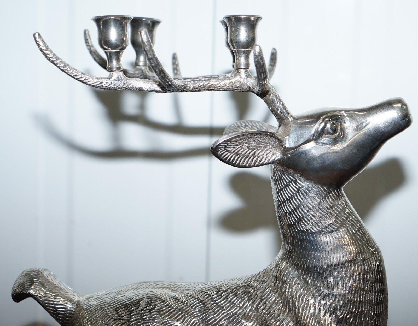 Contemporary Rare Ornately Cast Large Silver Plated Candle Stick Holder Reindeer Candelabra