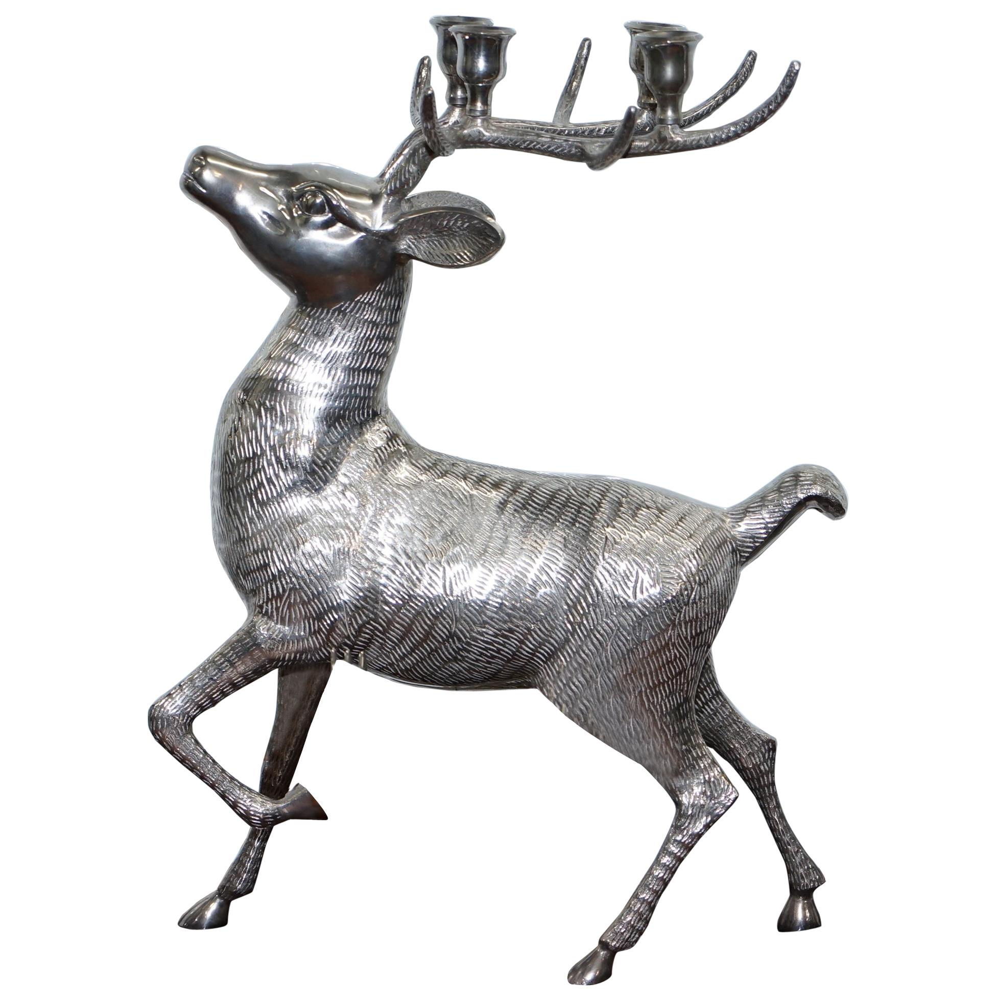 Rare Ornately Cast Large Silver Plated Candle Stick Holder Reindeer Candelabra