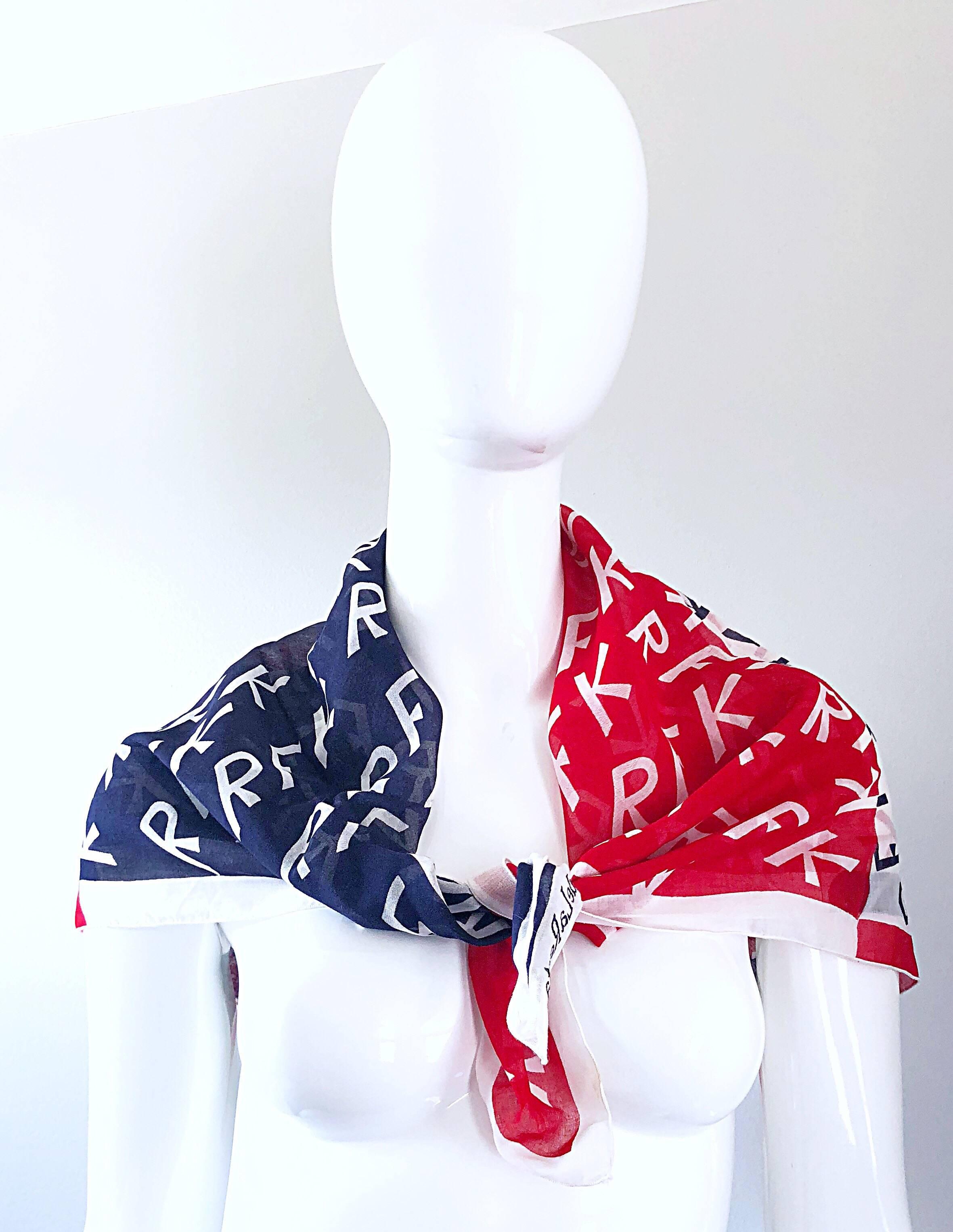 Rare vintage 1960s OSCAR DE LA RENTA 
Robert ( Bobby ) F. Kennedy Presidential Campaign cotton voile red, white and blue lightweight cotton voile large shawl / scarf! Perfect for Memorial Day, July 4th, or ANY day! A historical museum worthy piece