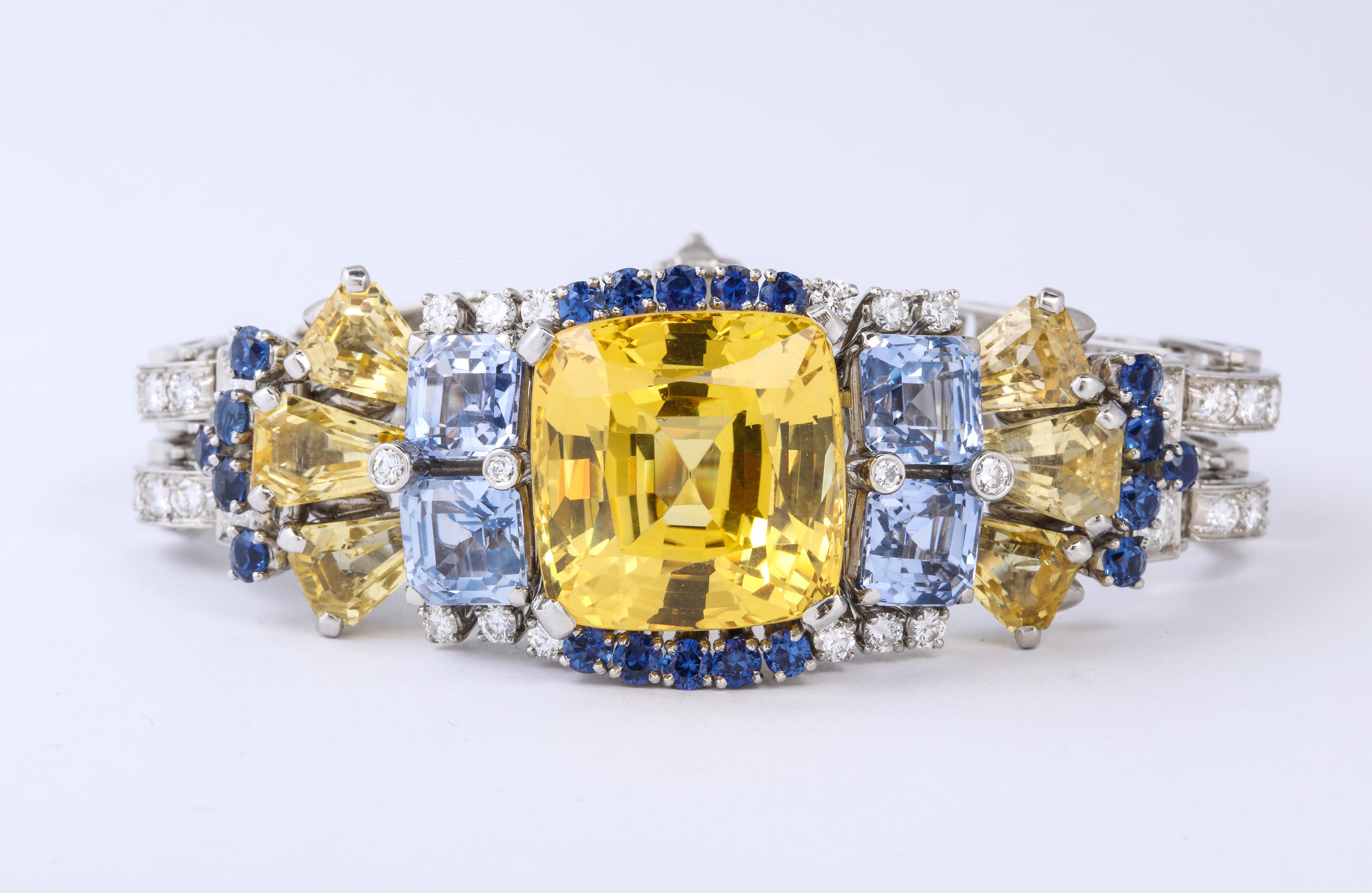 Rare Oscar Heyman Bros 41 Carat Yellow Blue Sapphire Platinum Diamond Bracelet 3