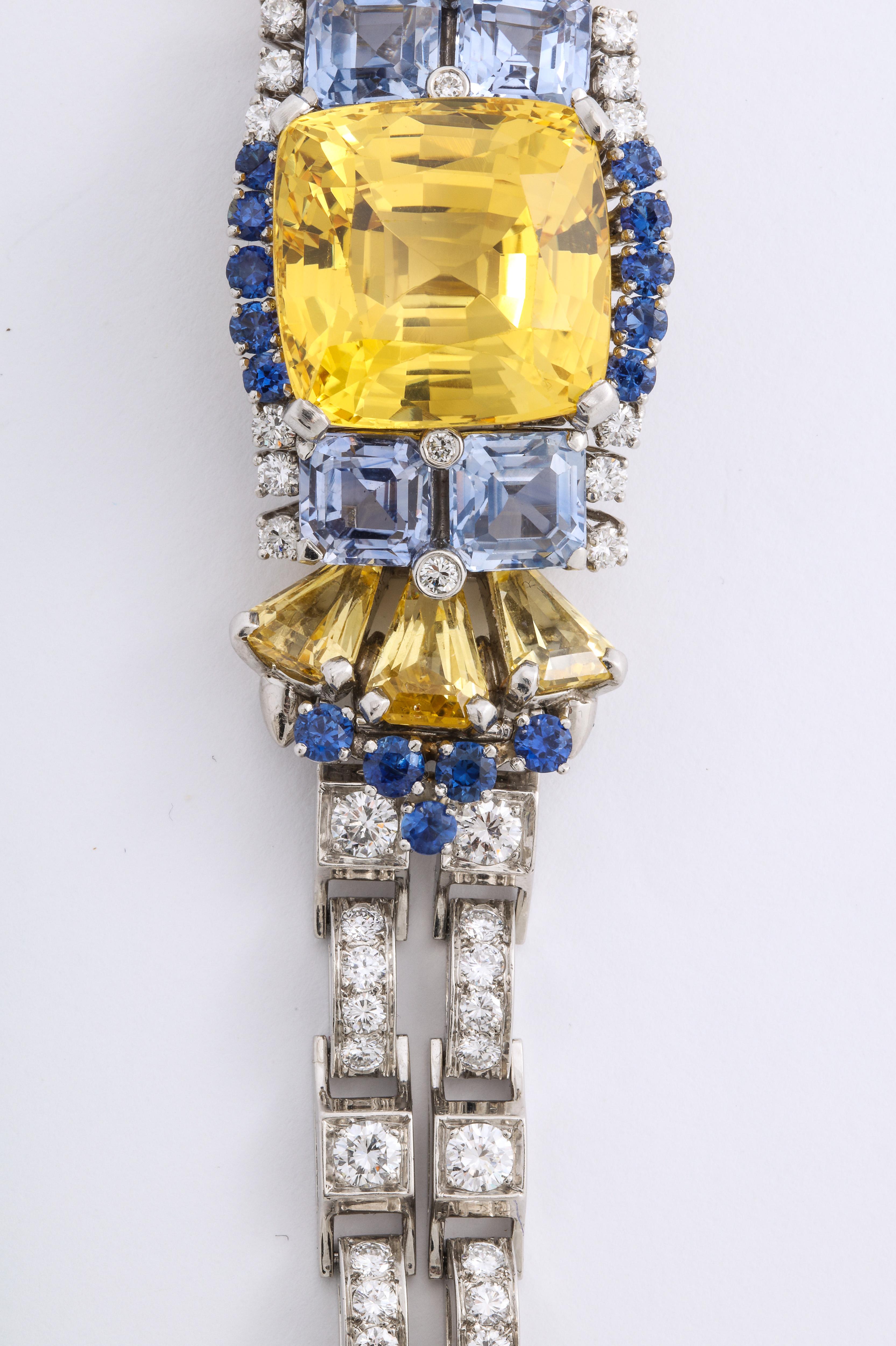 Retro Rare Oscar Heyman Bros 41 Carat Yellow Blue Sapphire Platinum Diamond Bracelet