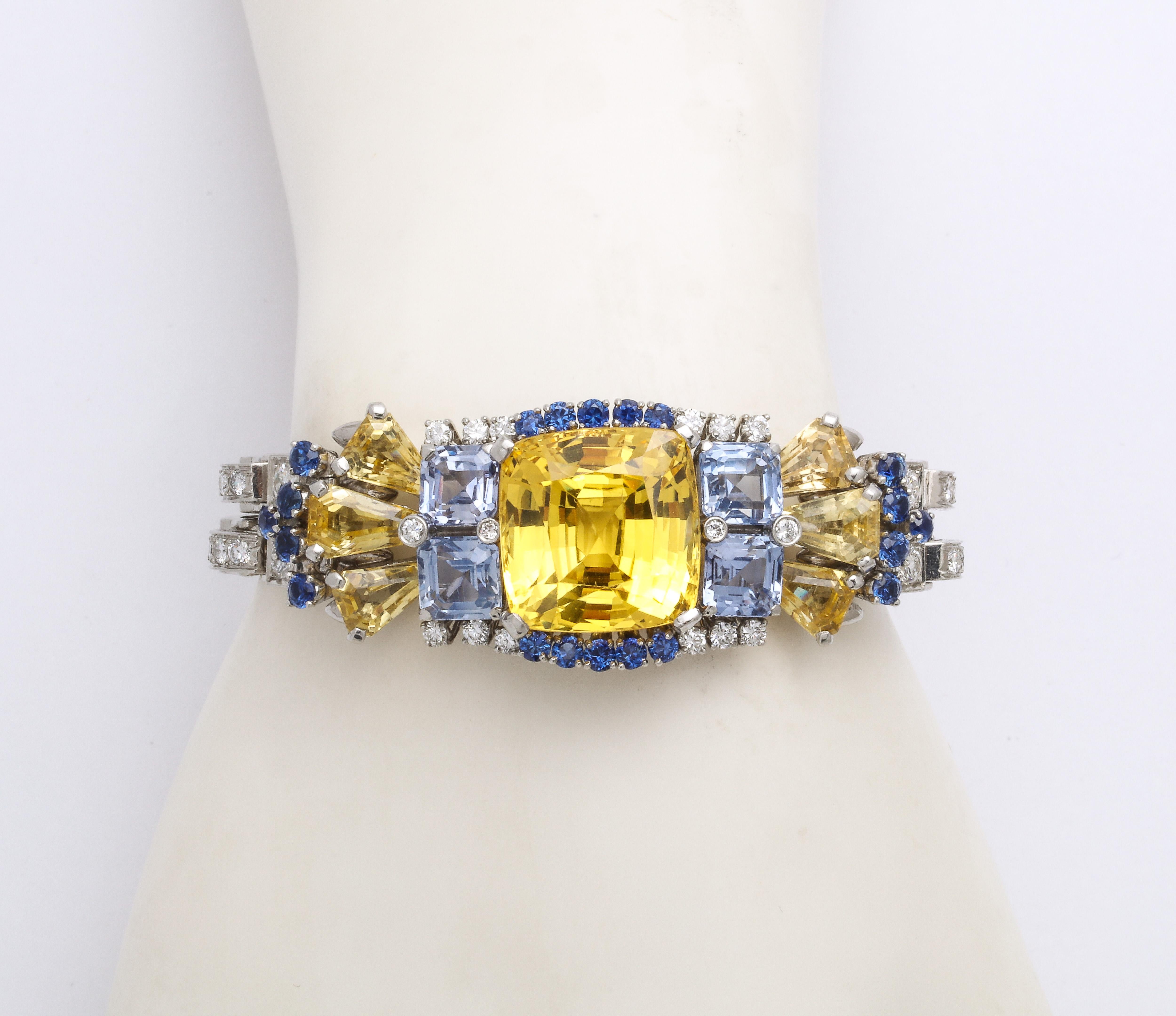 Cushion Cut Rare Oscar Heyman Bros 41 Carat Yellow Blue Sapphire Platinum Diamond Bracelet