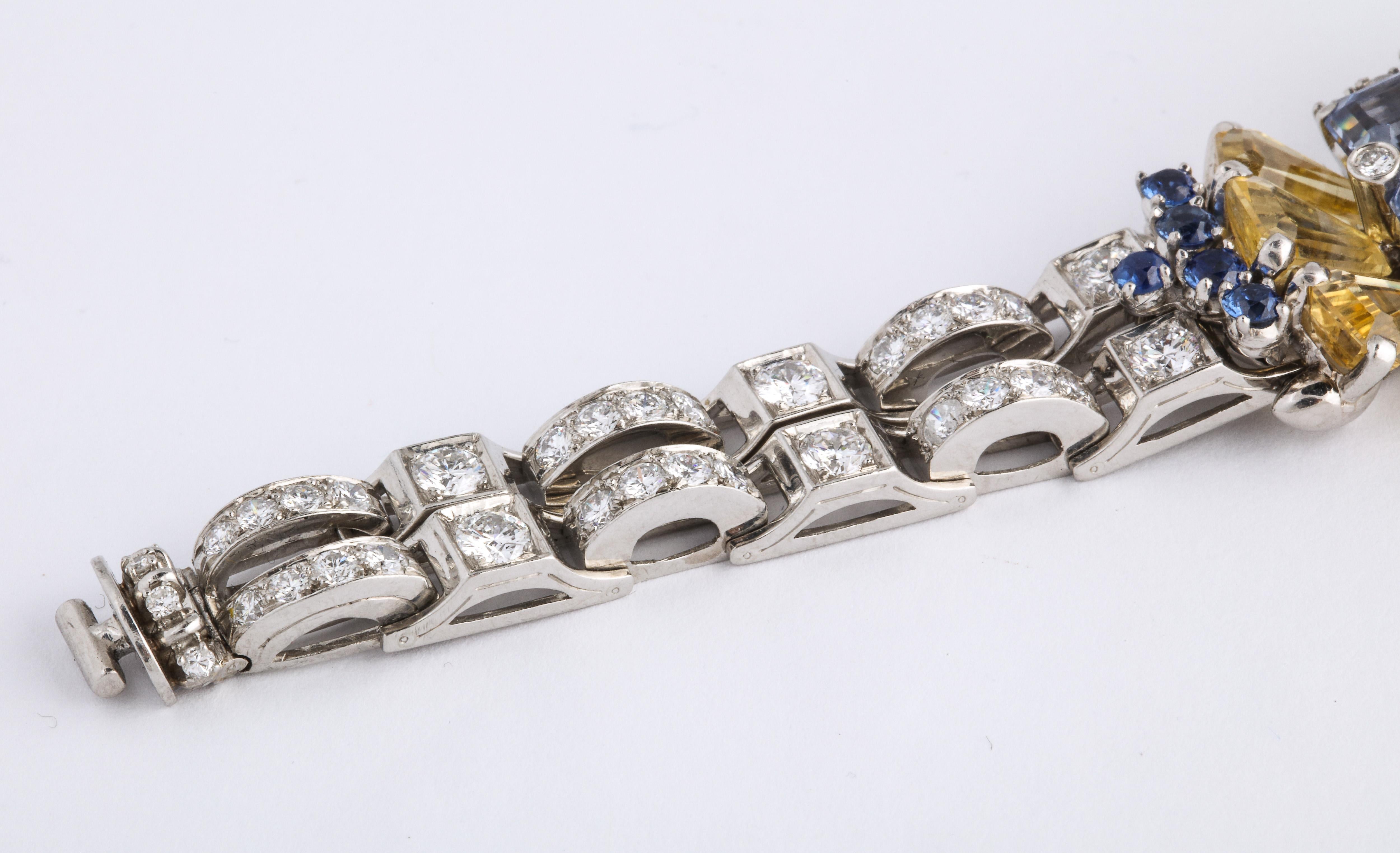 Women's or Men's Rare Oscar Heyman Bros 41 Carat Yellow Blue Sapphire Platinum Diamond Bracelet