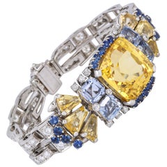 Rare Oscar Heyman Bros 41 Carat Yellow Blue Sapphire Platinum Diamond Bracelet