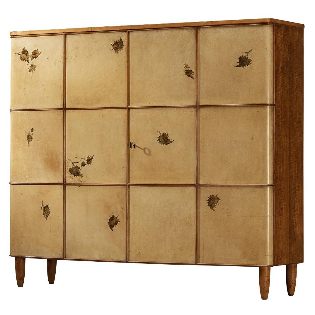 Rare Osvaldo Borsani Cabinet in Parchment with Hand-Painted Leaf Motifs im Angebot