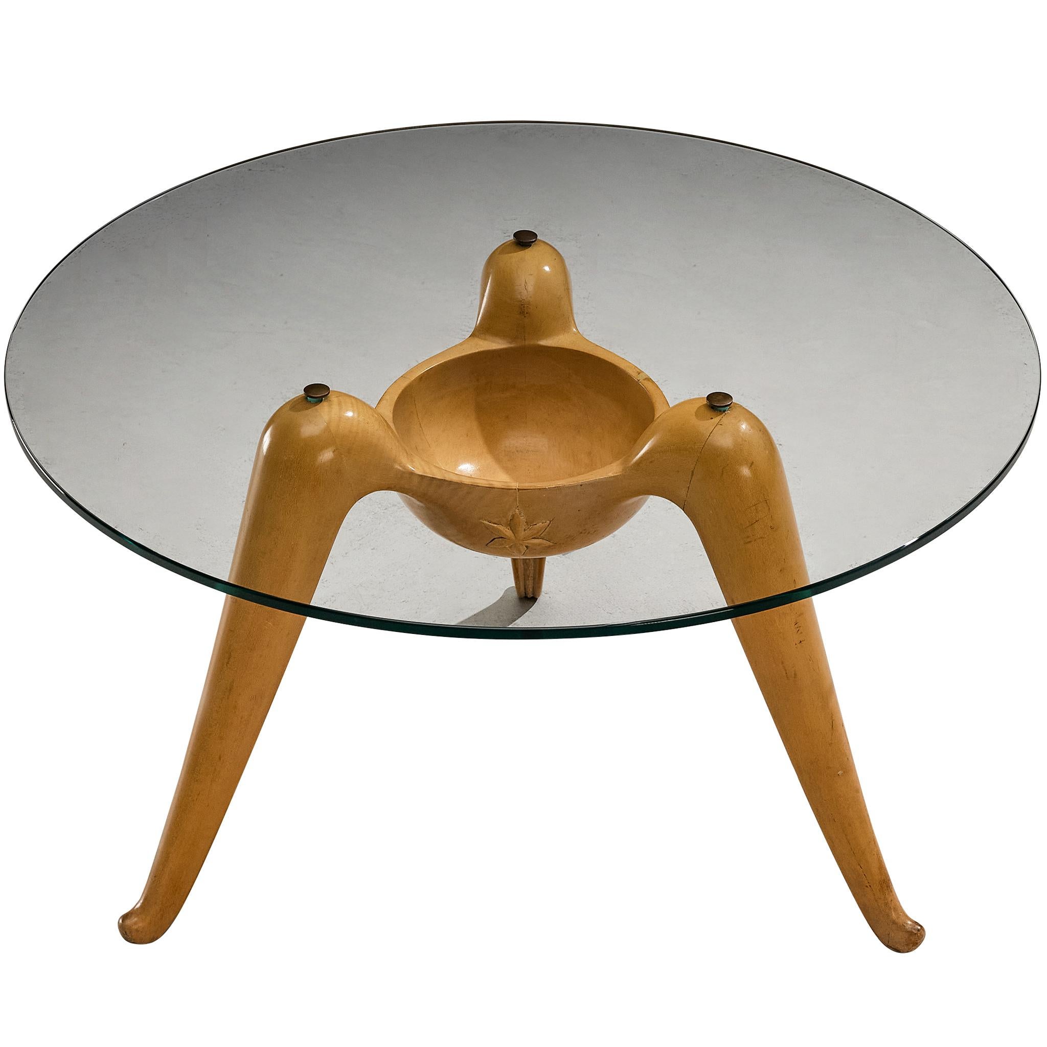 Rare Osvaldo Borsani for ABV '5052' Carved Side Table in Wood and Glass For Sale