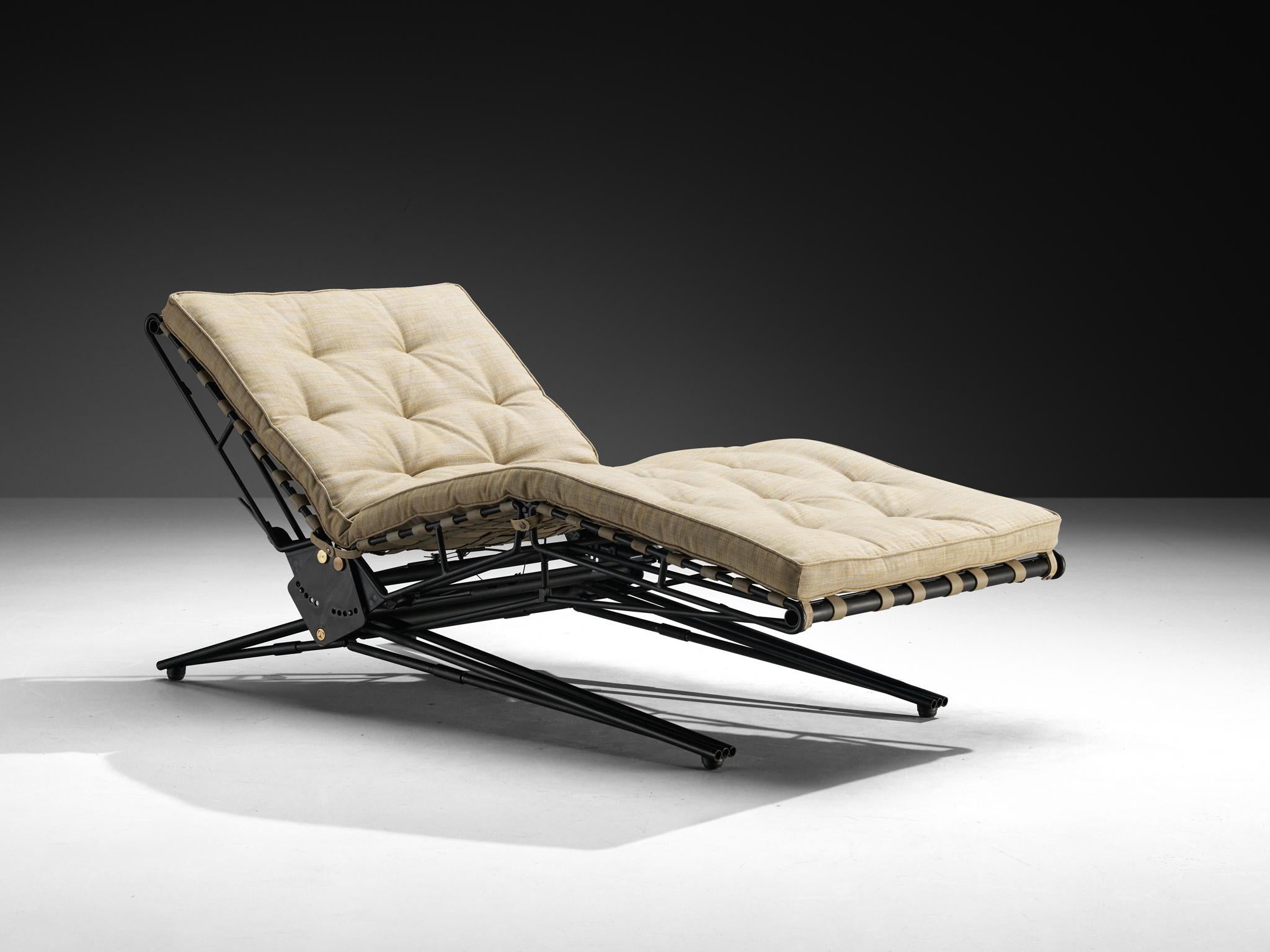 Osvaldo Borsani for Tecno, articulated bed, model 'L77', lacquered steel, brass, reupholstered fabric, leather, Italy, design 1956, produced 1957 

The multifunctional piece of furniture, model L77, designed in 1956 by Osvaldo Borsani and produced