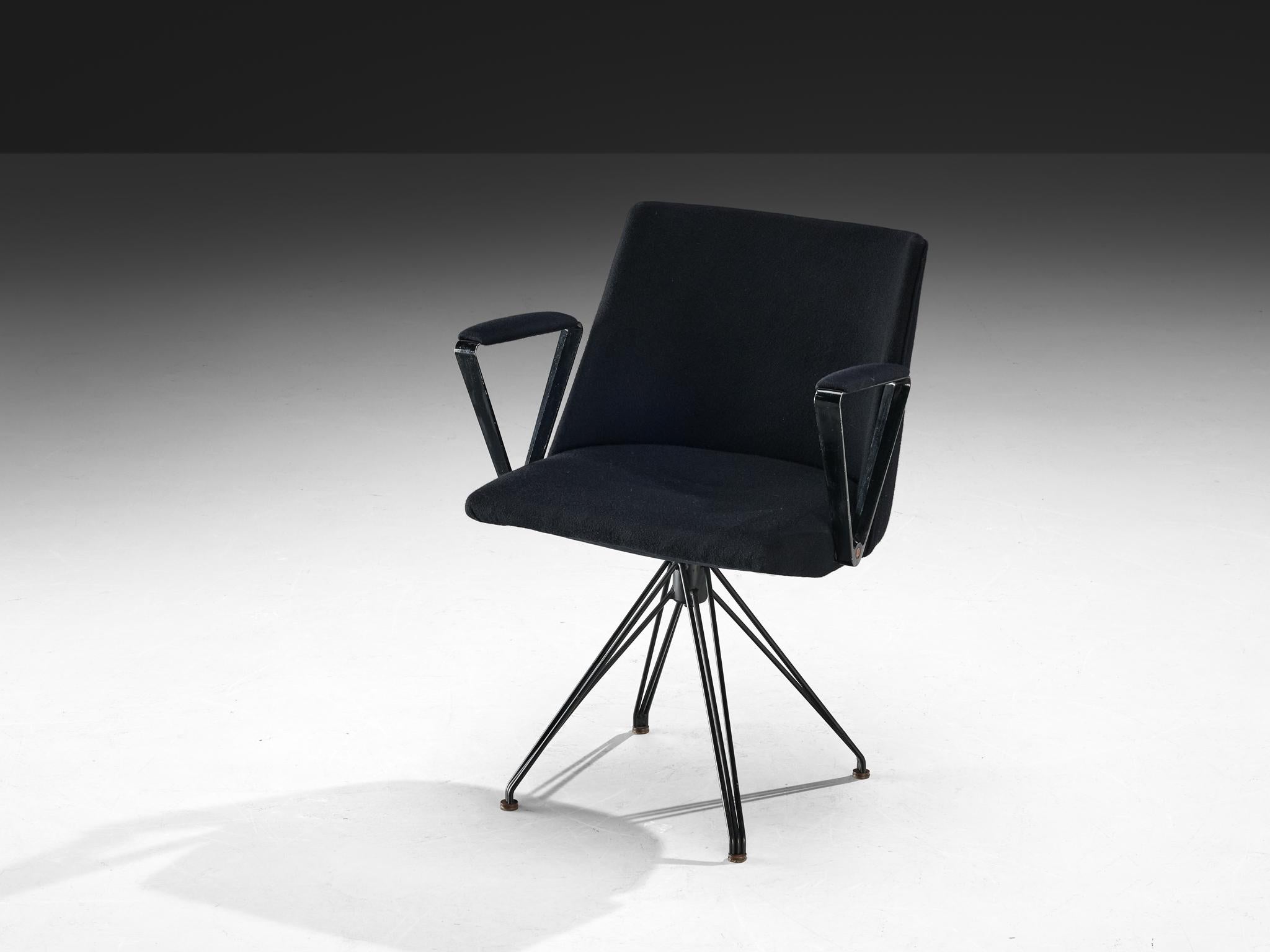 Osvaldo Borsani for Tecno, desk chair, model 'P99A', fabric, enameled iron, brass, Italy, designed and produced in 1957

The P99 chair, designed by Osvaldo Borsani, represents the final evolution of the earlier P35 model, made in a classic style by