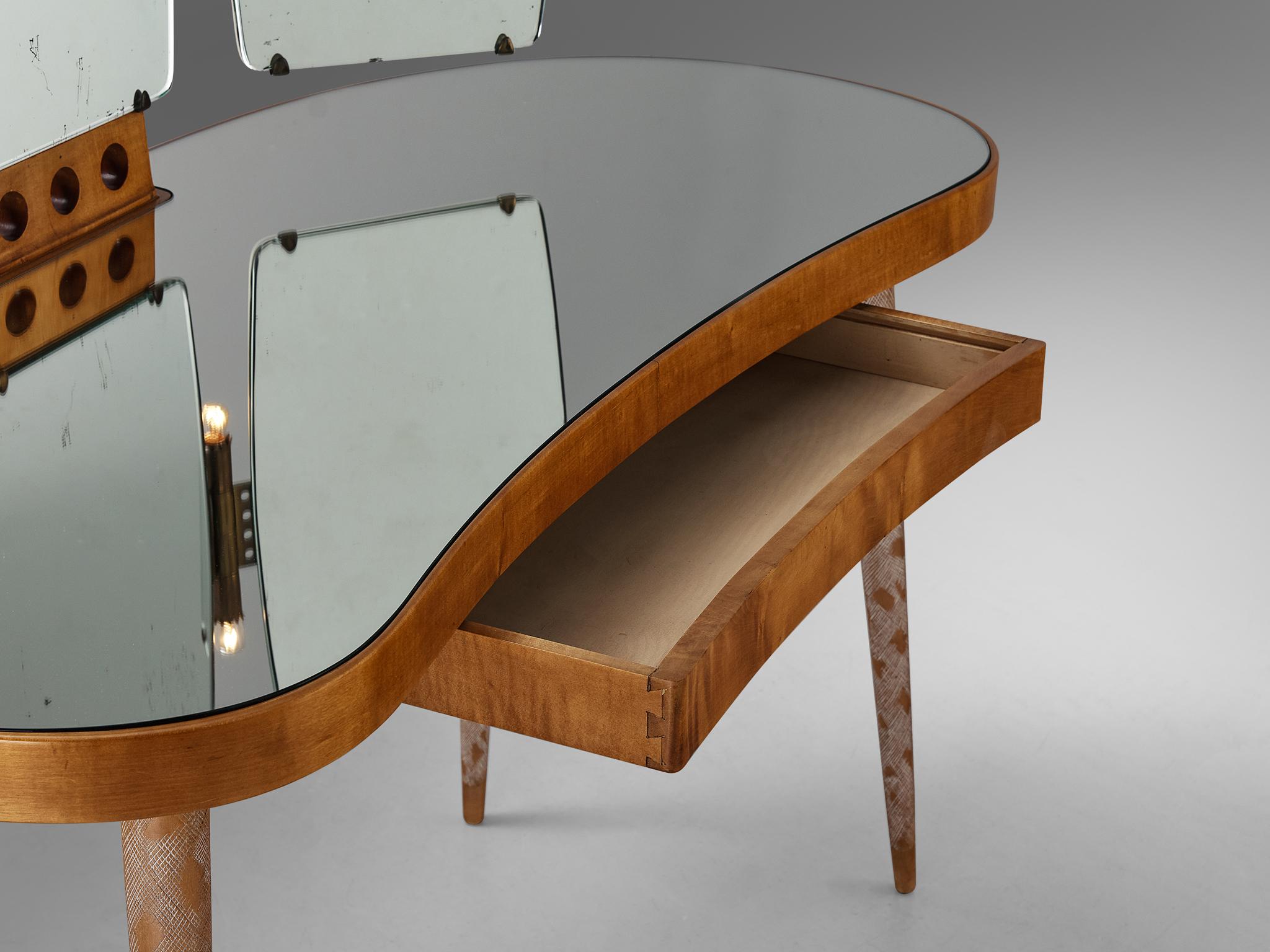 Art déco Rare table de toilette Osvaldo Borsani en érable avec miroirs et Lights intégrés  en vente