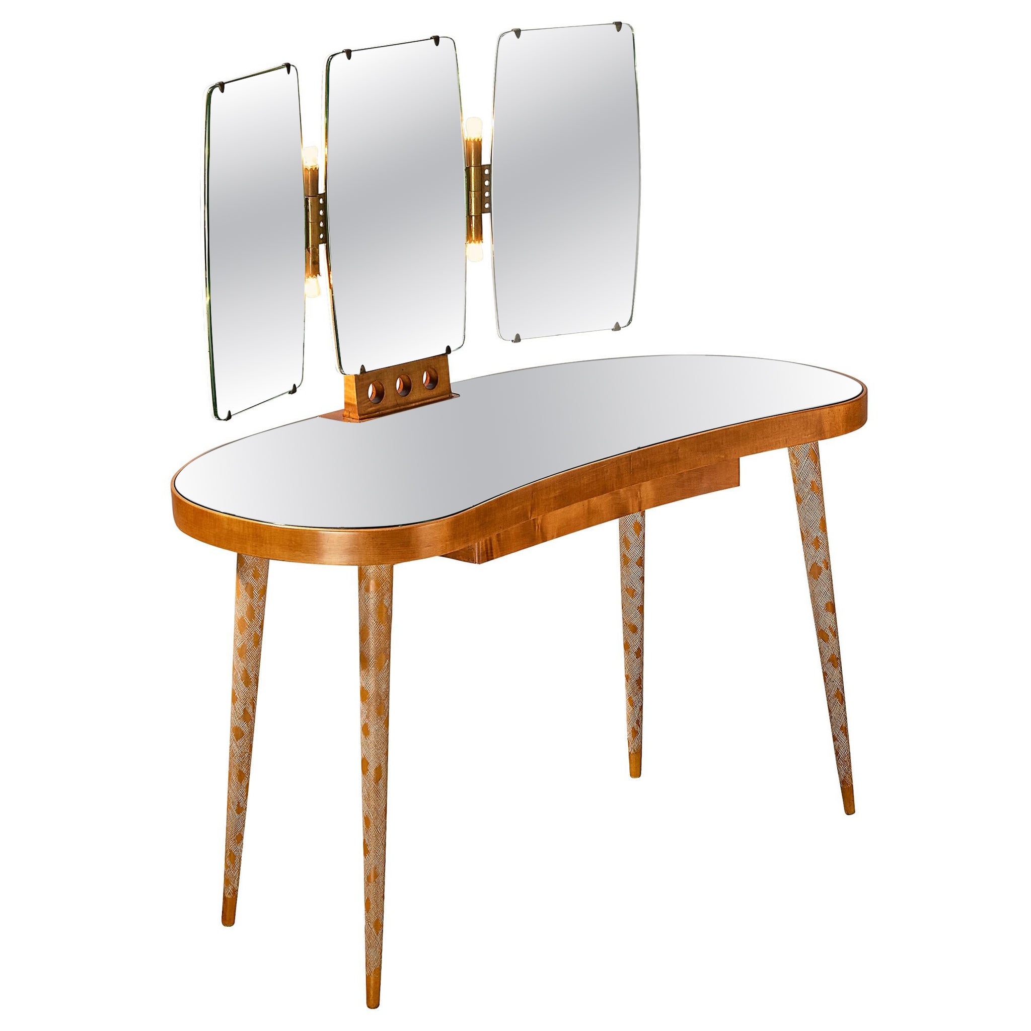 Rare Osvaldo Borsani Vanity Table in Maple with Mirrors and Built-in Lights
