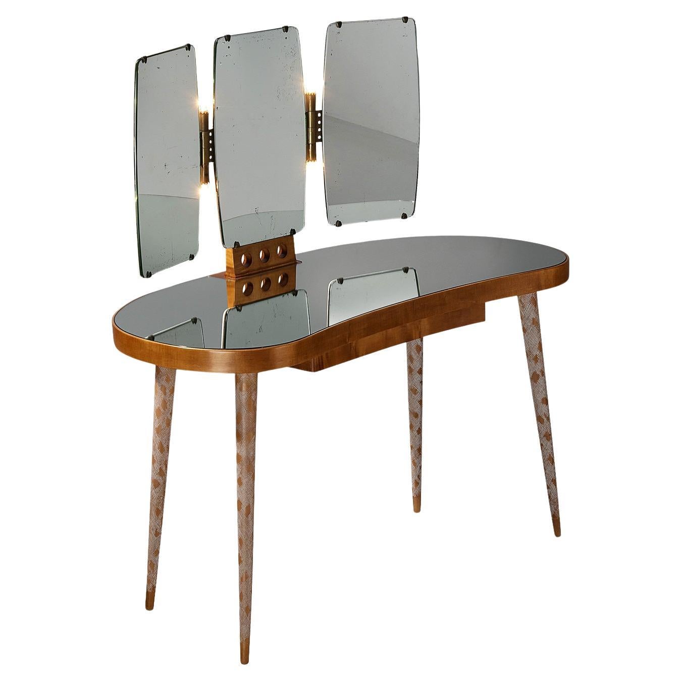 Rare Osvaldo Borsani Vanity Table in Maple with Mirrors and Built-in Lights 