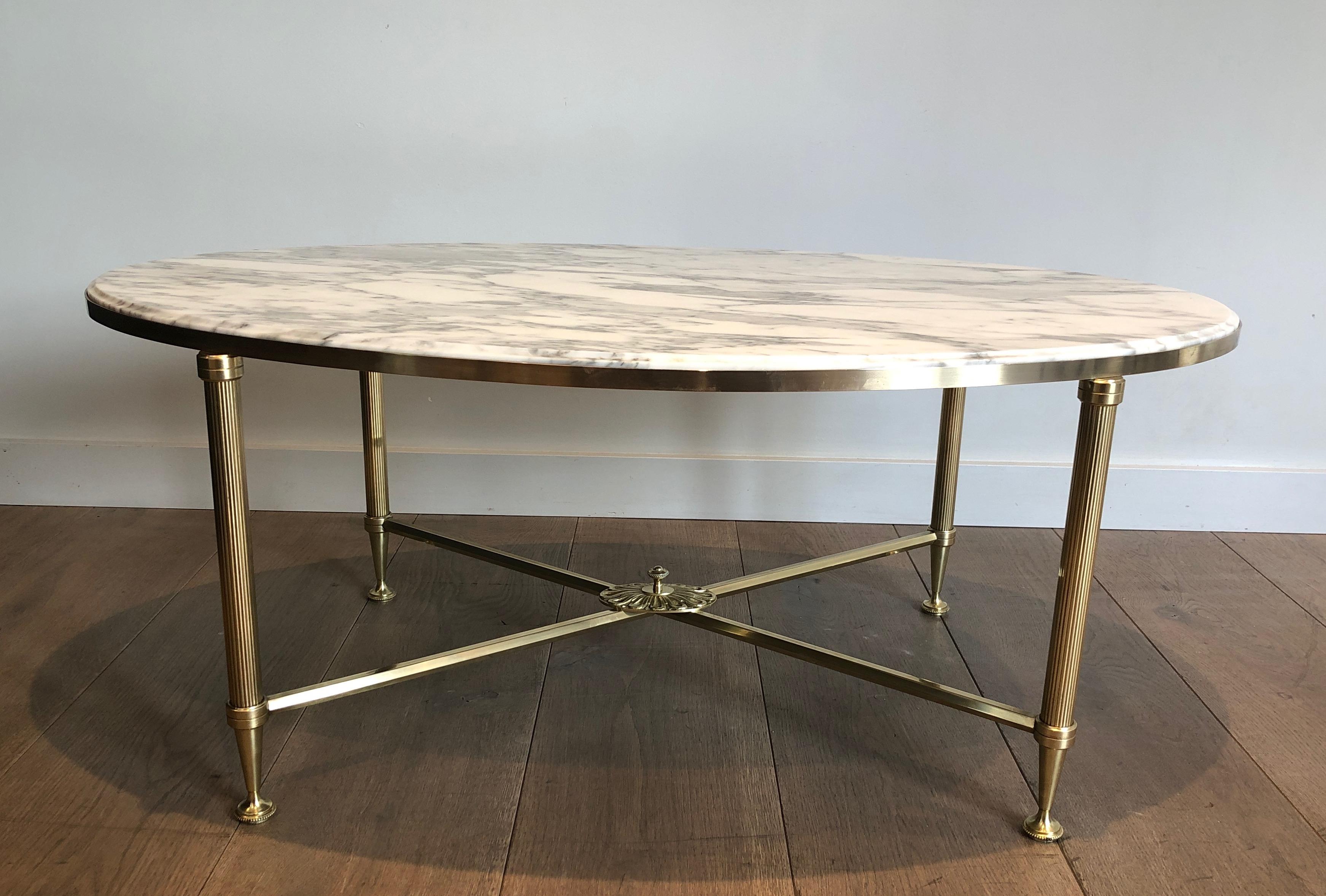 Rare Oval Brass Coffee Table with Carrara white Marble Top by Maison Jansen For Sale 5