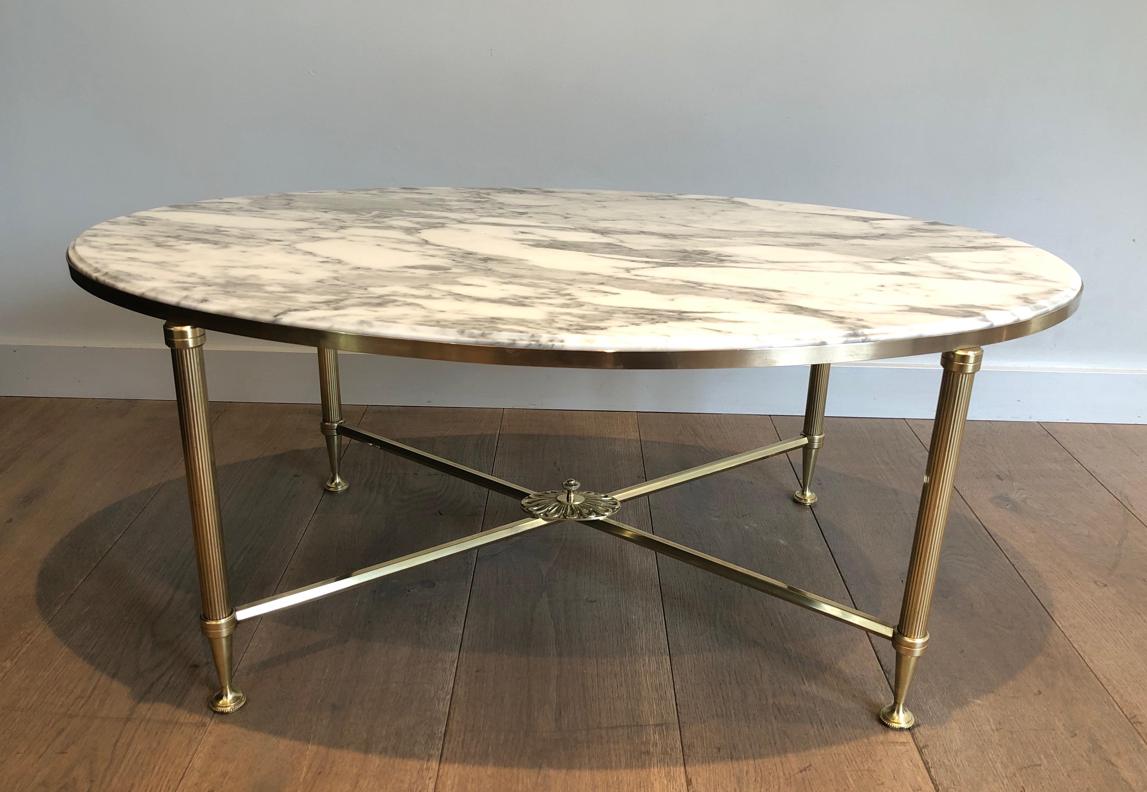 Rare Oval Brass Coffee Table with Carrara white Marble Top by Maison Jansen For Sale 6