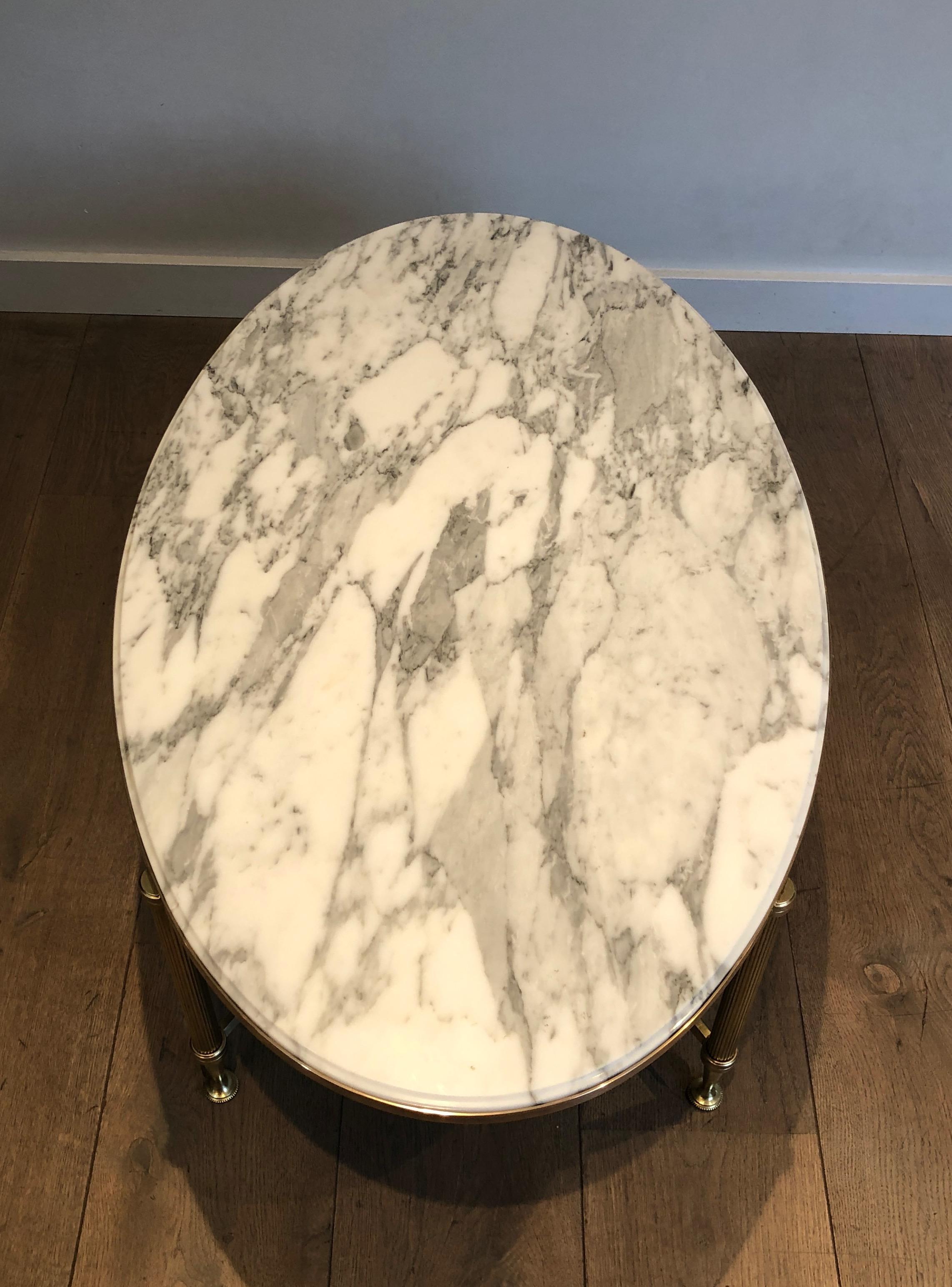 Rare Oval Brass Coffee Table with Carrara white Marble Top by Maison Jansen For Sale 10