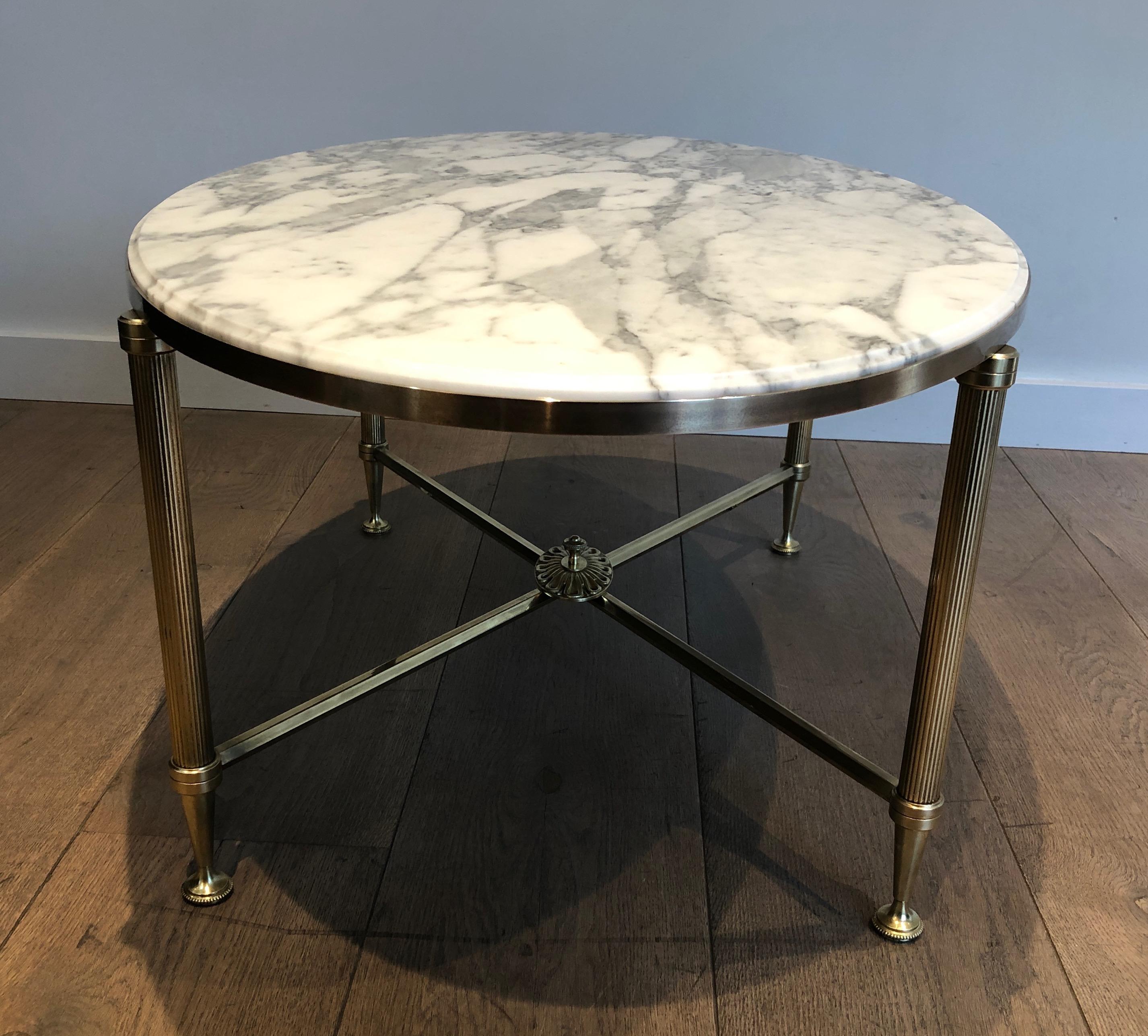 Rare Oval Brass Coffee Table with Carrara white Marble Top by Maison Jansen For Sale 11