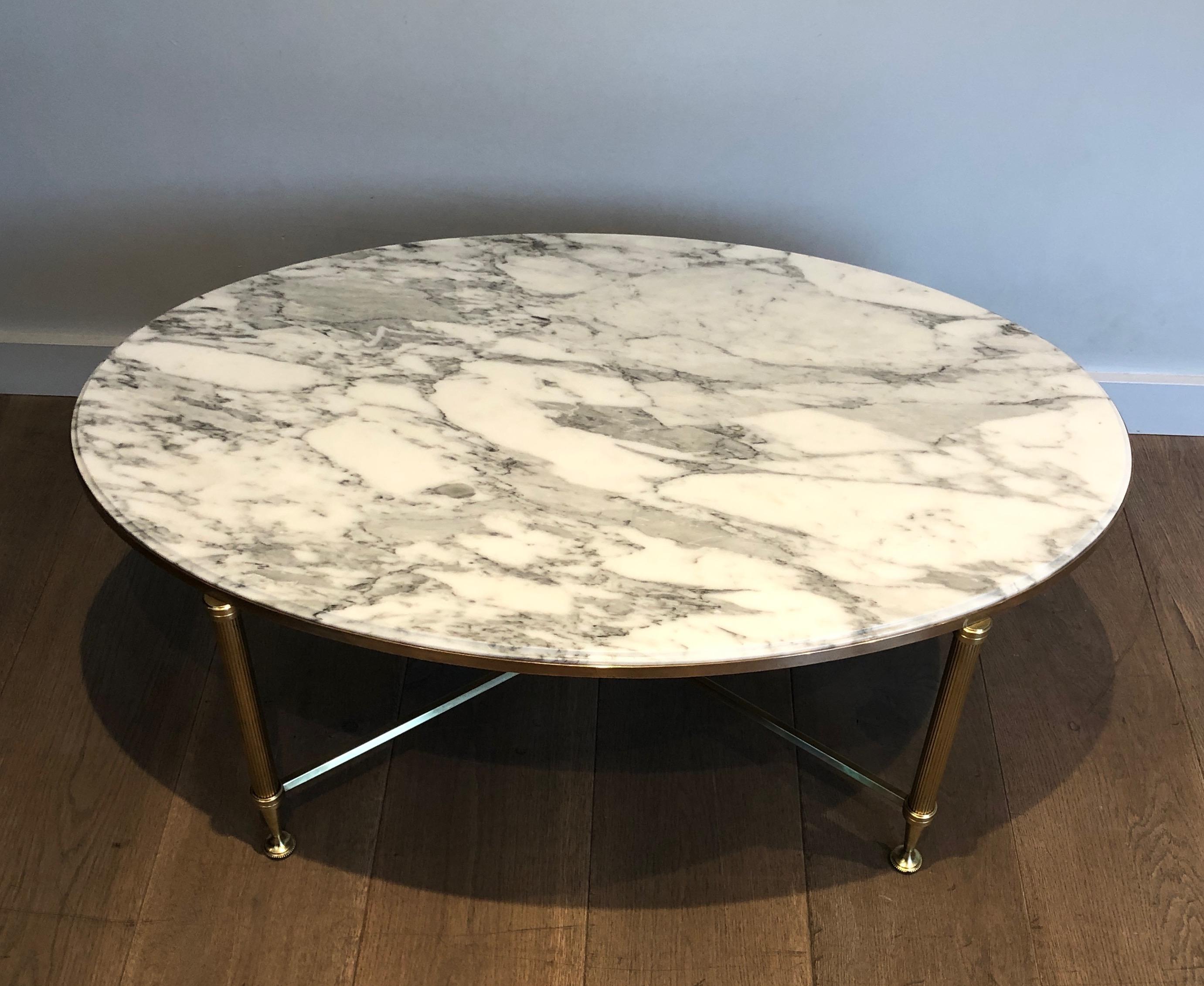 Rare Oval Brass Coffee Table with Carrara white Marble Top by Maison Jansen For Sale 12