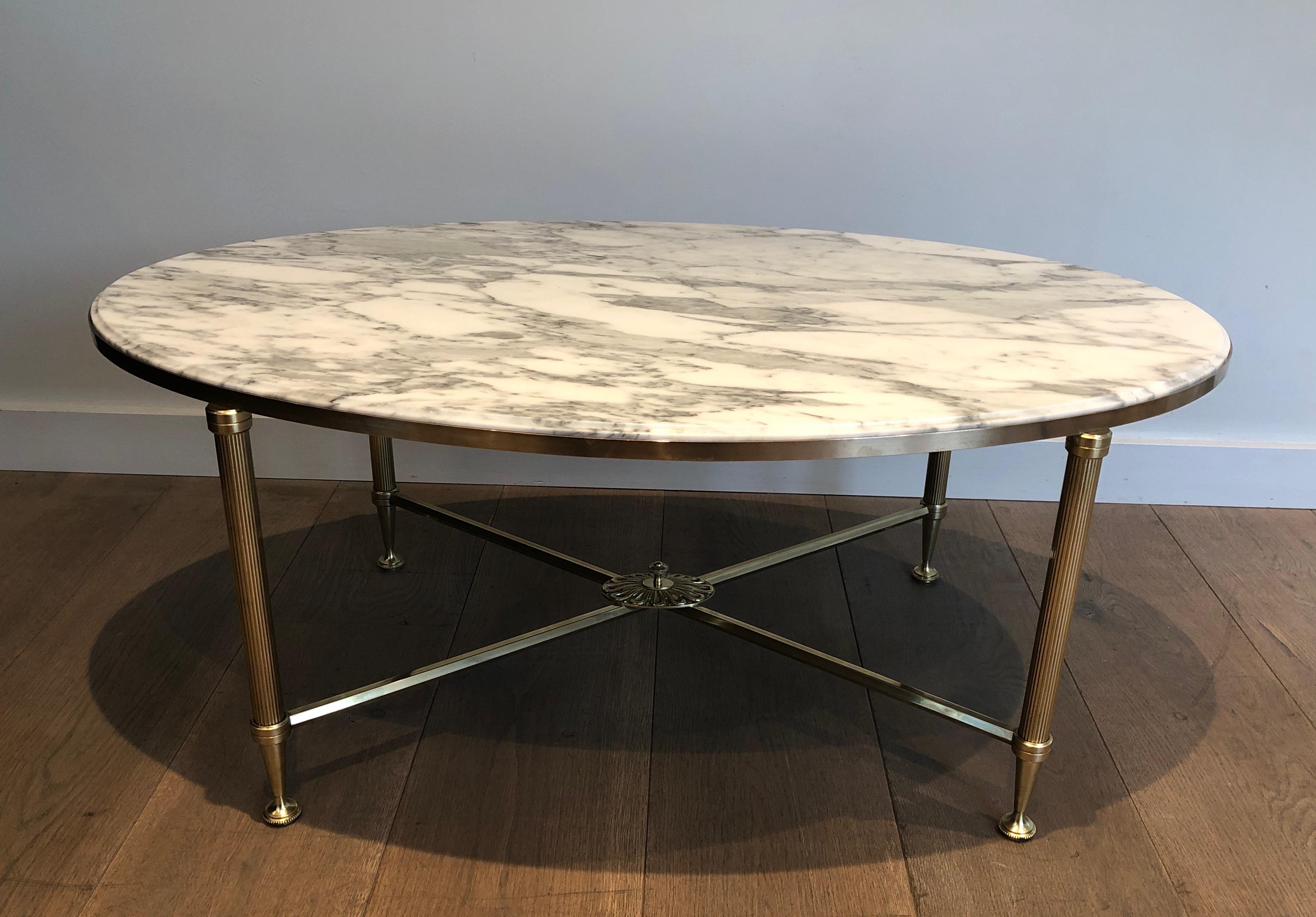 Rare Oval Brass Coffee Table with Carrara white Marble Top by Maison Jansen For Sale 13