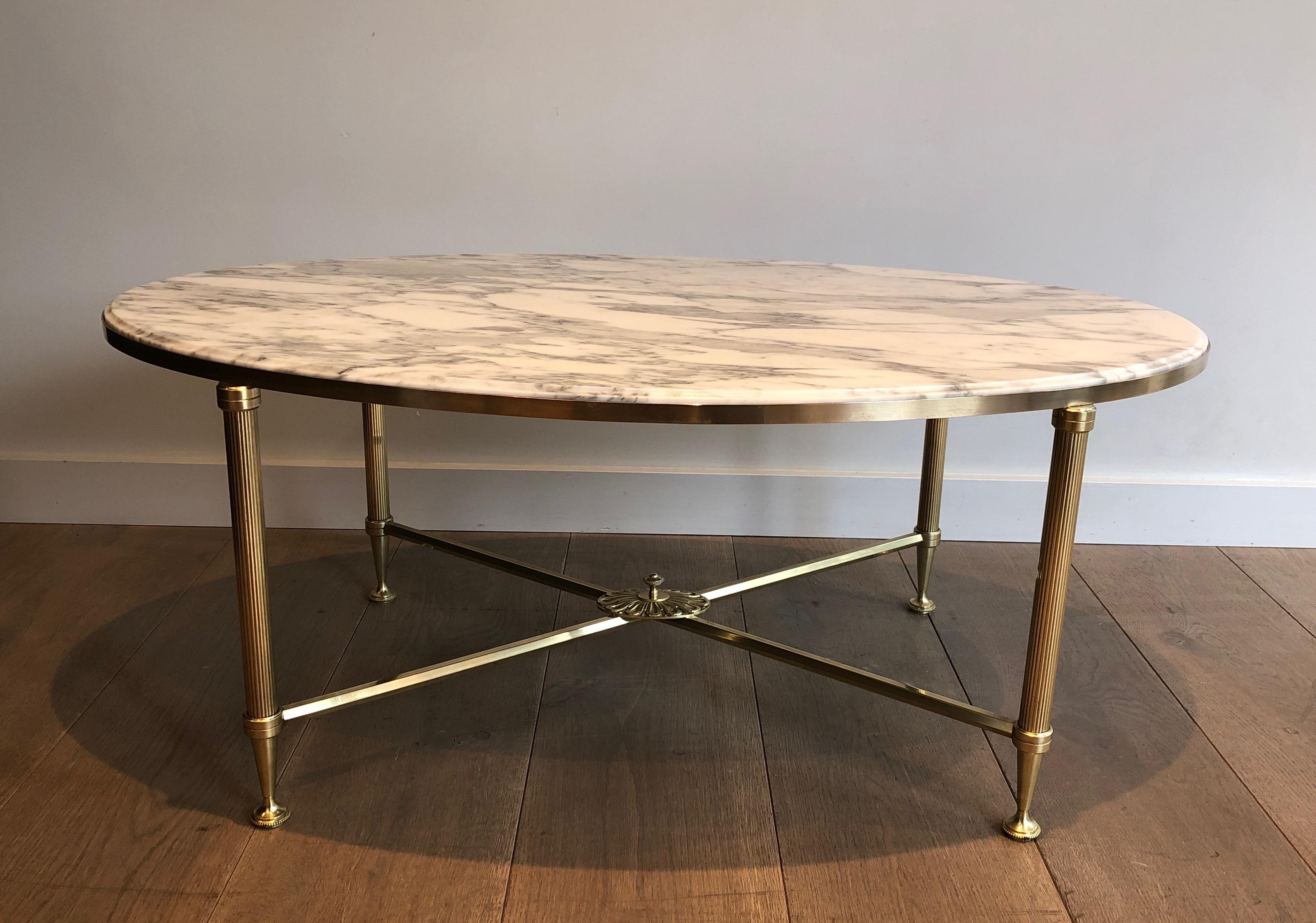 Rare Oval Brass Coffee Table with Carrara white Marble Top by Maison Jansen For Sale 14