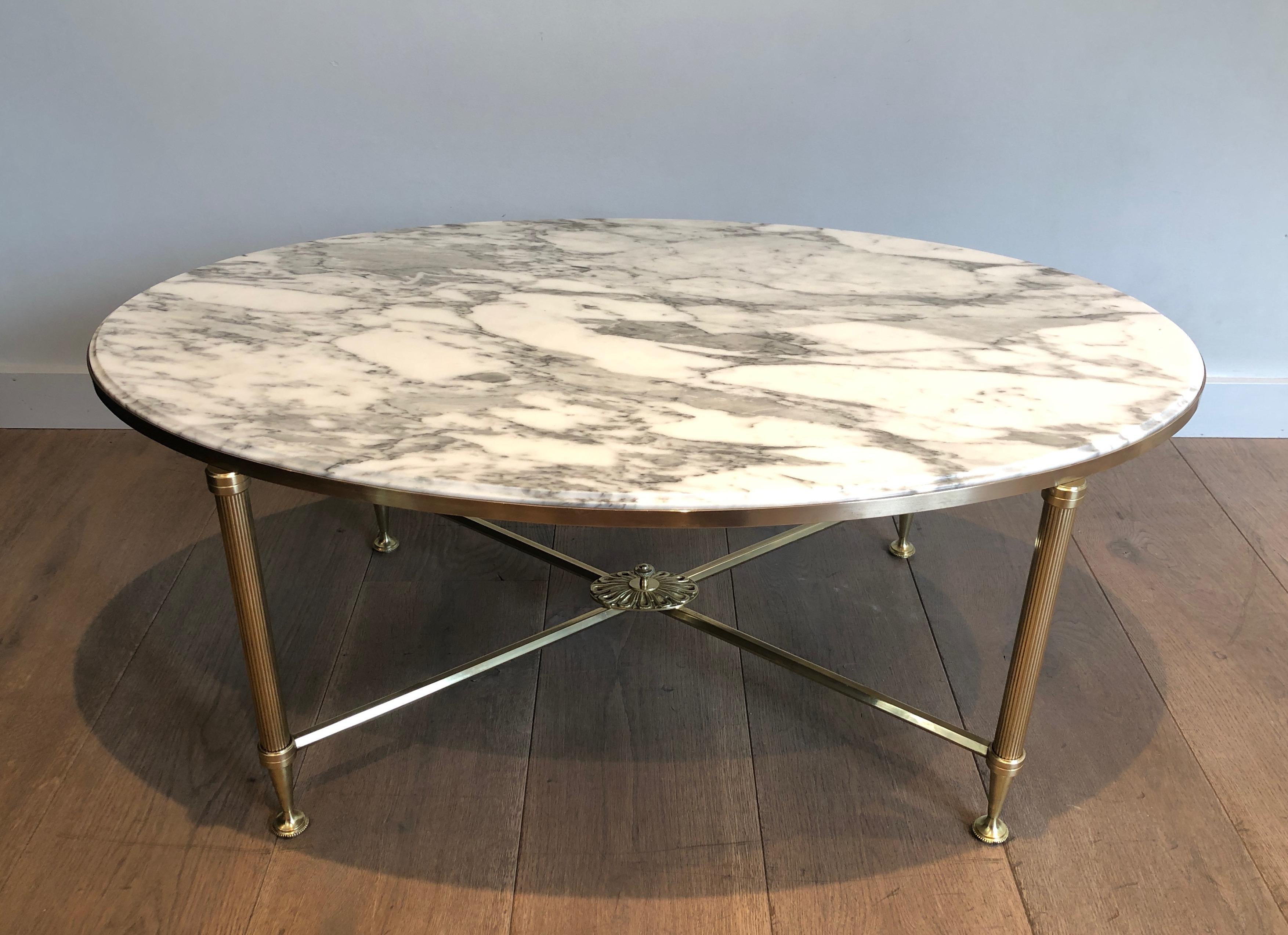 Neoclassical Rare Oval Brass Coffee Table with Carrara white Marble Top by Maison Jansen For Sale