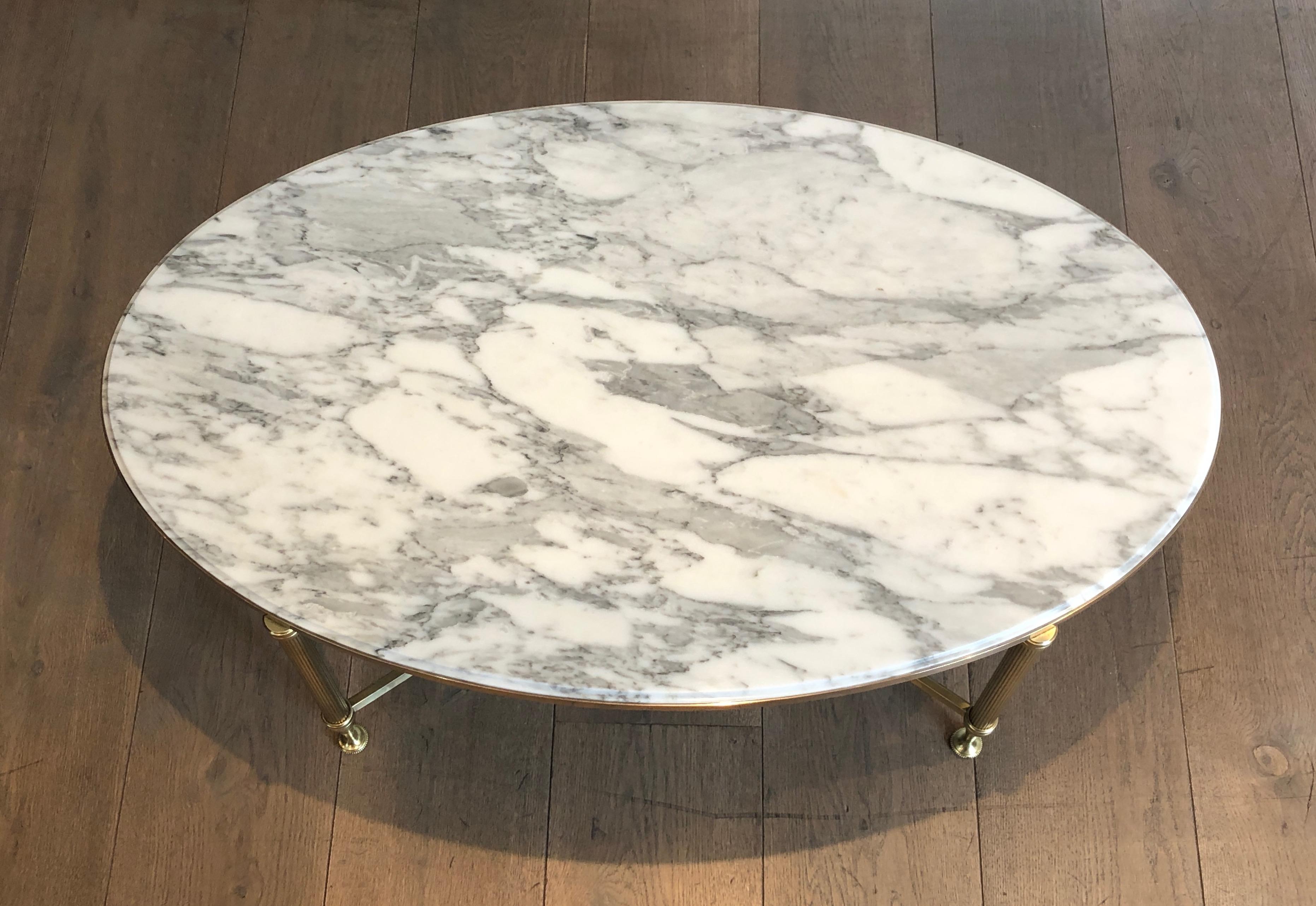 French Rare Oval Brass Coffee Table with Carrara white Marble Top by Maison Jansen For Sale