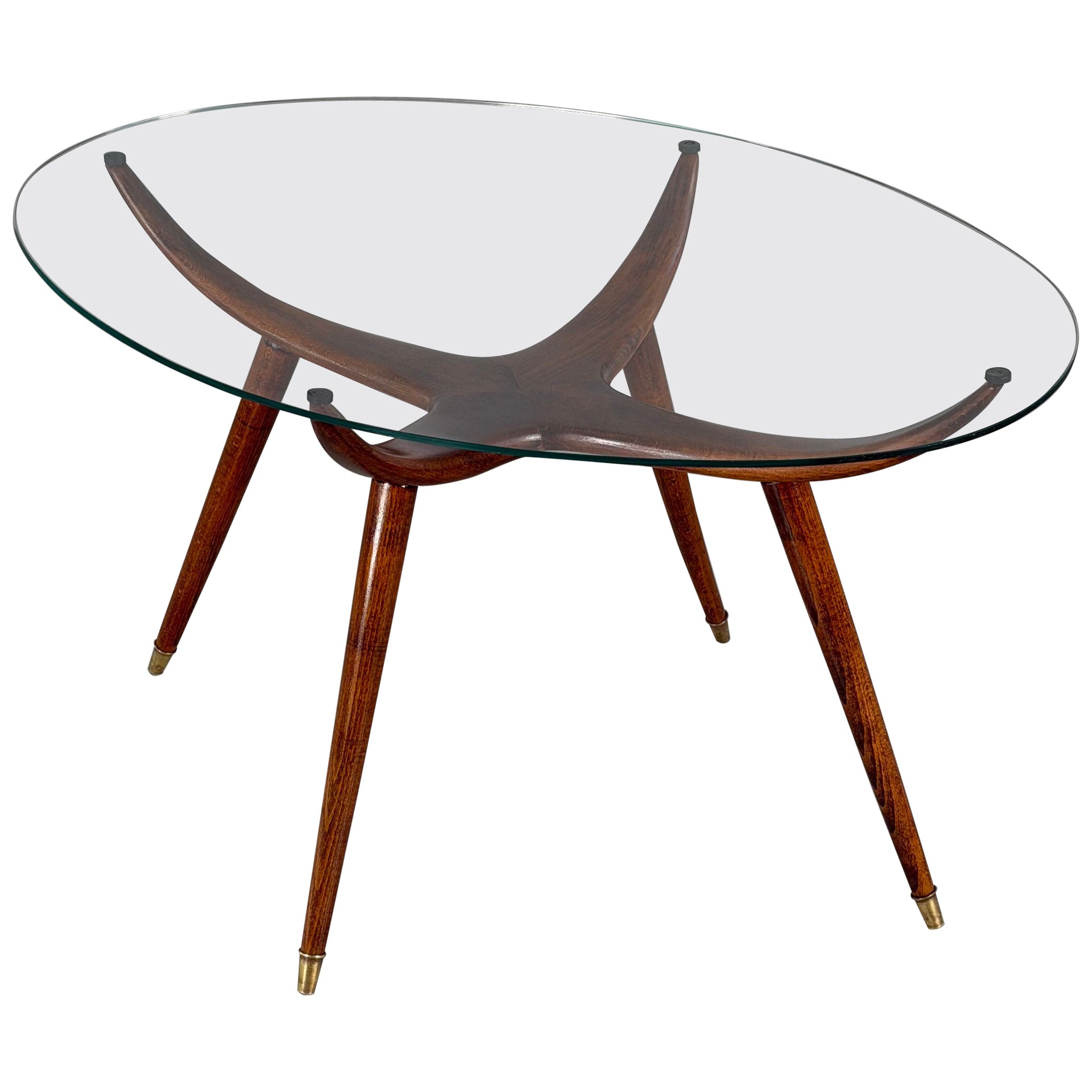 Rare Oval Coffee Table in Walnut and Brass by Nicolay Diulgheroff, Italy 1950s