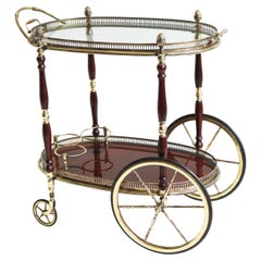 Rare Oval Design Bar Cart by Maison Bagues 1950 Brass Glass Wood Serving Trolley