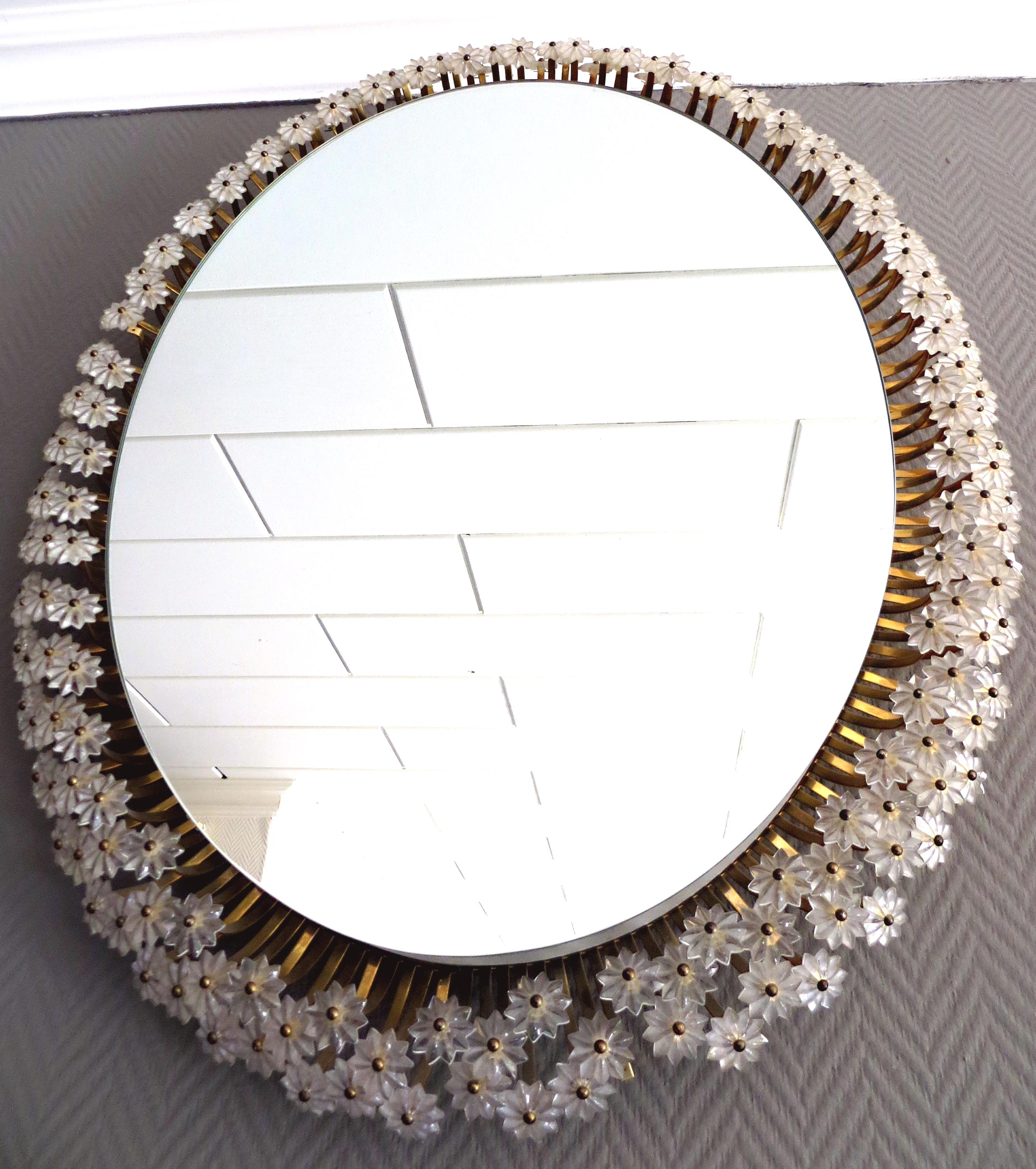 Mid-Century Modern Rare Oval Emil Stejnar Backlit Glass Blossom & Gilt Metal Mirror, Austria 1950s