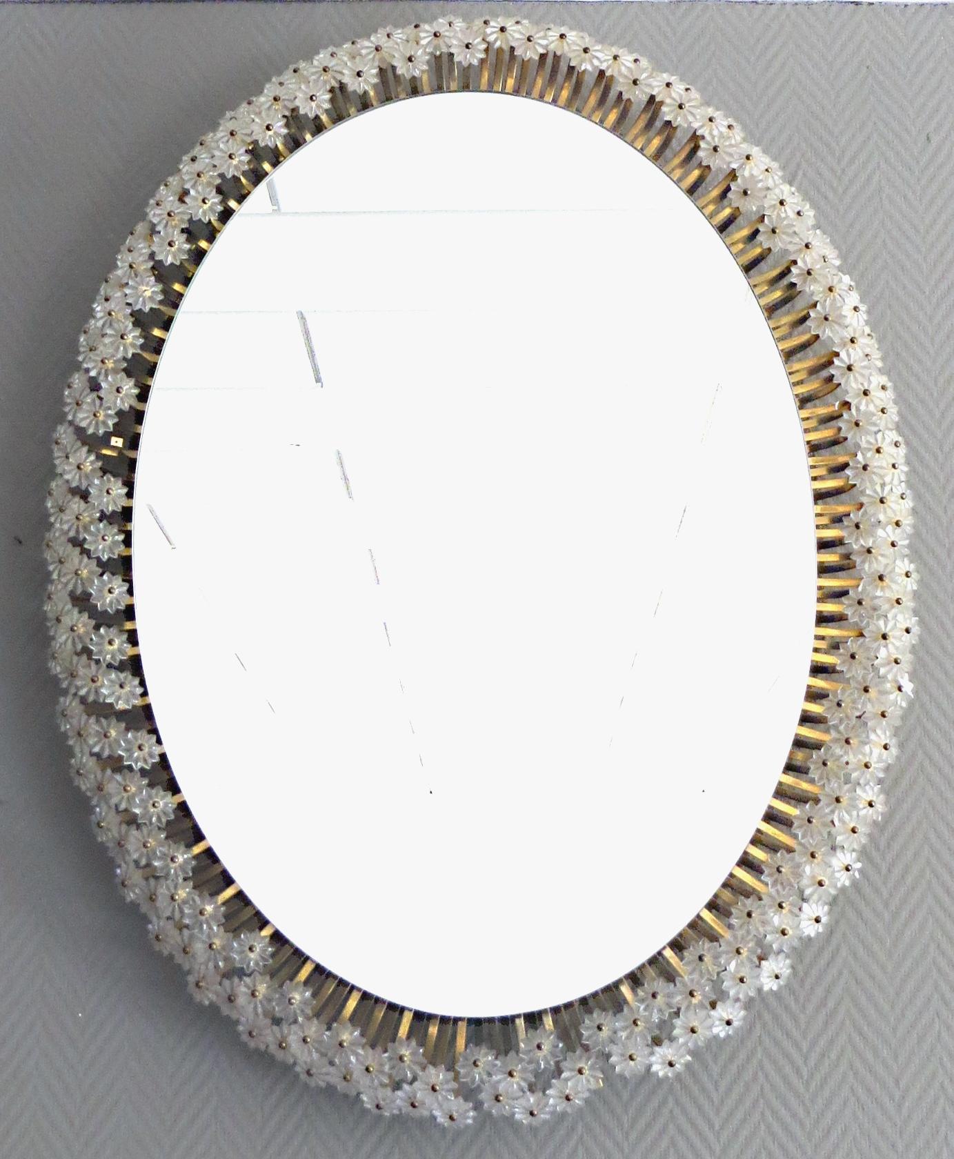 Austrian Rare Oval Emil Stejnar Backlit Glass Blossom & Gilt Metal Mirror, Austria 1950s