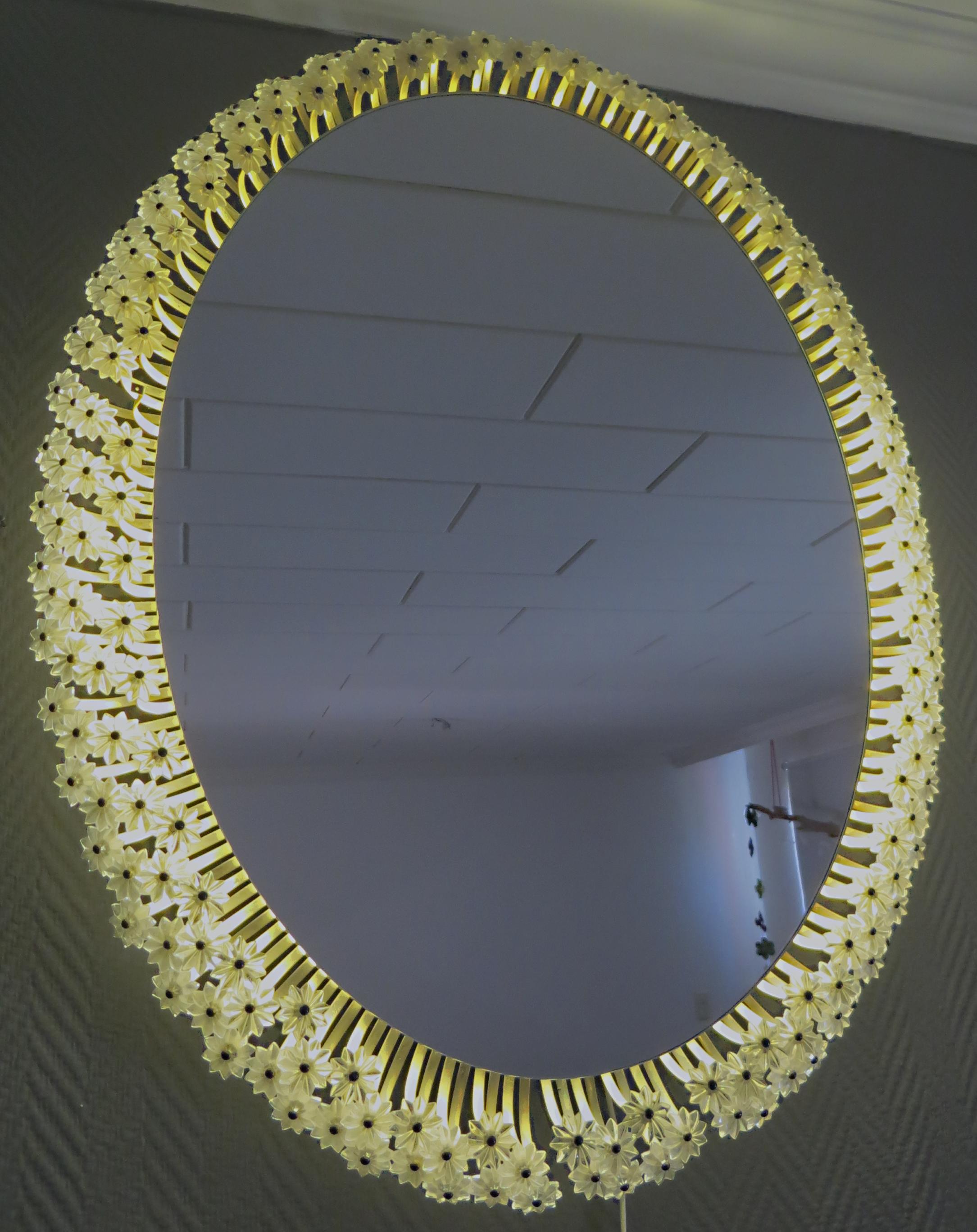 Mid-20th Century Rare Oval Emil Stejnar Backlit Glass Blossom & Gilt Metal Mirror, Austria 1950s