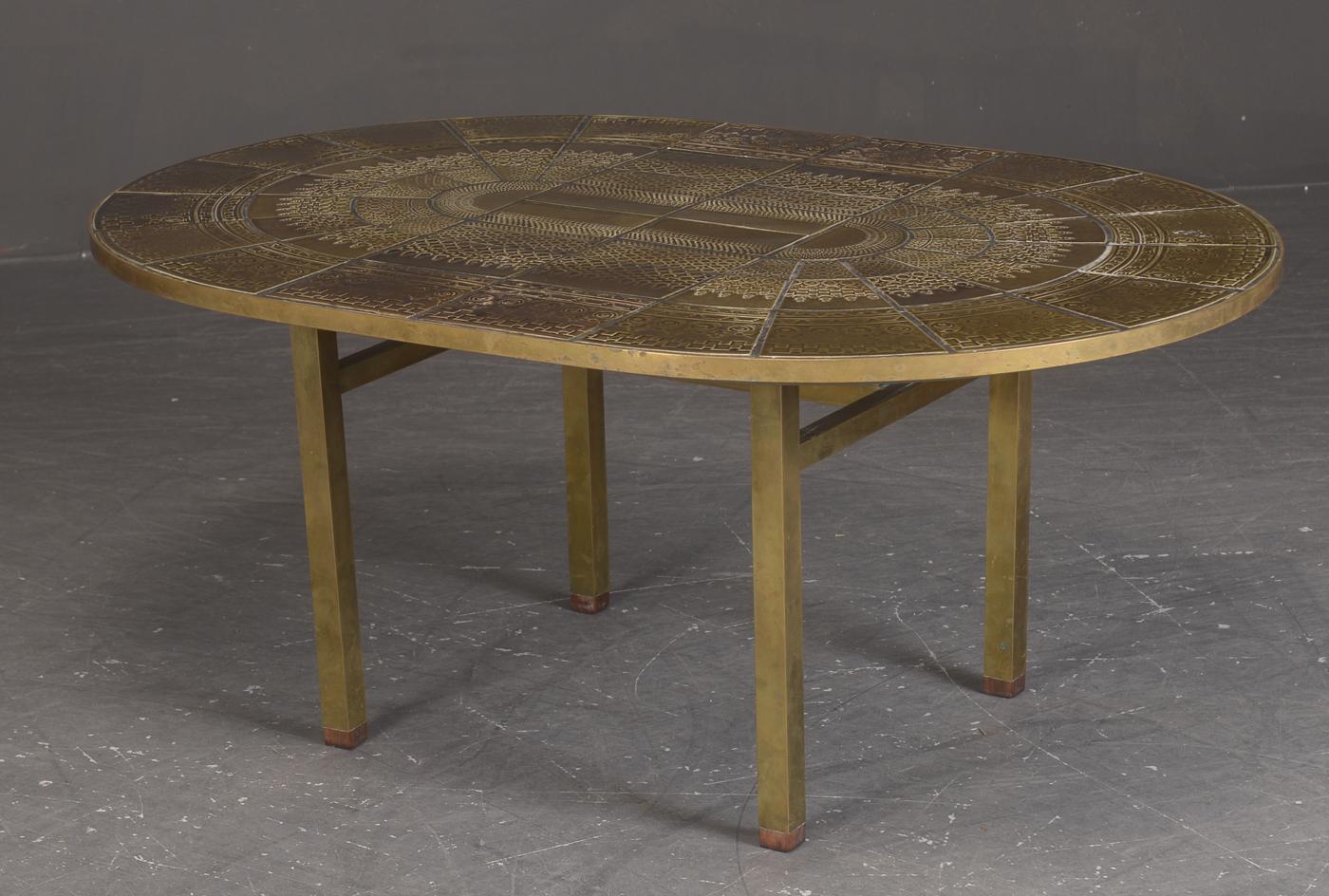 Bjorn Wiinblad (1918-2006). Unique Oval coffee table, frame and edging in brass, table top with green decorated tiles by Biorn Winblad. Measures: 120 x 87 cm. H. 52 cm.
Bjørn Wiinblad (20 September 1919 – 8 June 2006), was a Danish painter, designer