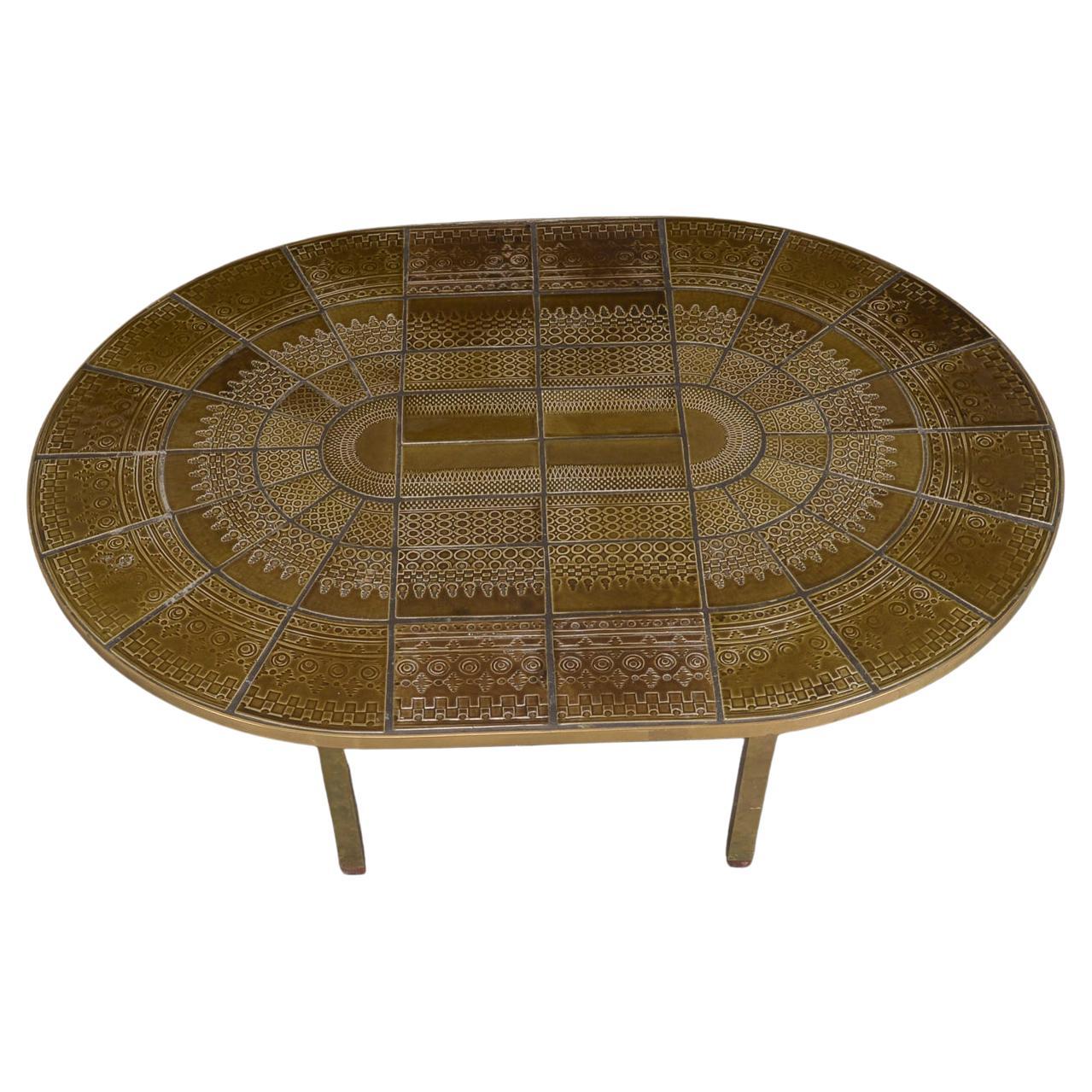  Bjorn Wiinblad Rare table ovale en céramique  Carreaux de faïence et laiton faits à la main Suède 1960
