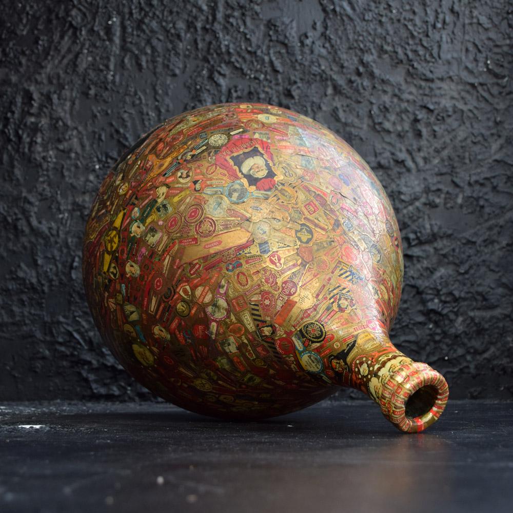 Blown Glass Rare Oversized Decoupage Cigar Band Bottle