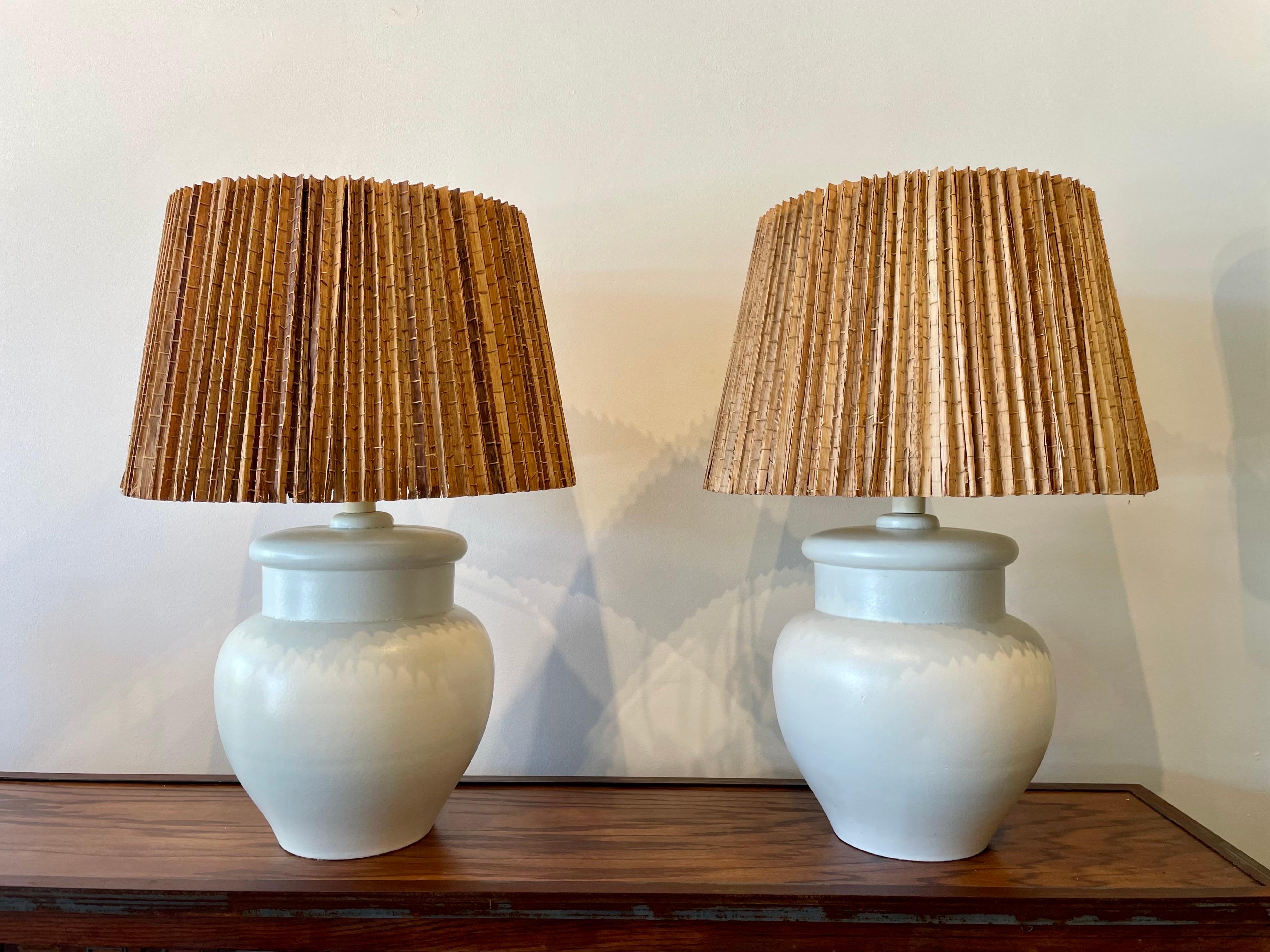 Rare Oversized Ginger Jar Lamps w/ Palm Leaf Shades 1