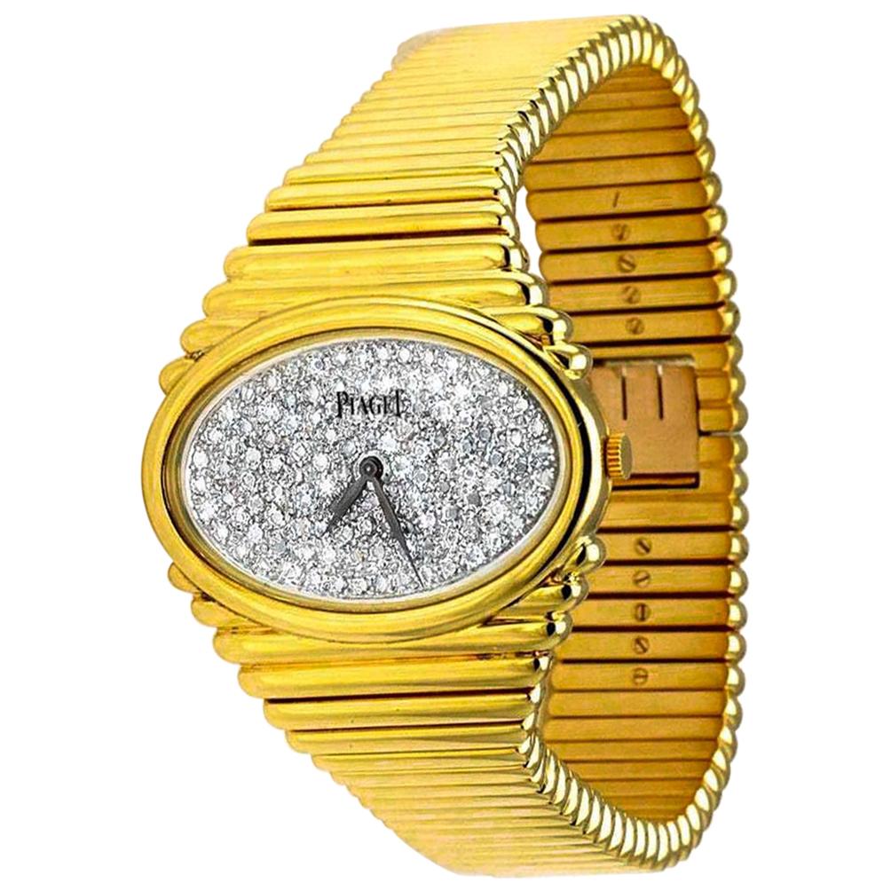 Oversized Piaget 1970s Pave Diamond Dial 18 Karat Gold Bracelet Watch