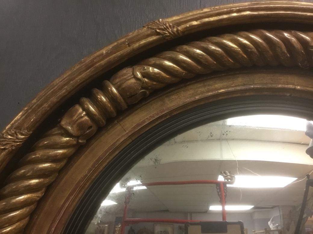 Rare Oversized 42 inch RegGiltwood Classical Convex Mirror Ca. 1815 With an elaborate quadruple surround. The outer one ribbed with acanthus leaves, the middle one with a heavy barley twist ring in four segments with leafy terminals, an inner carved
