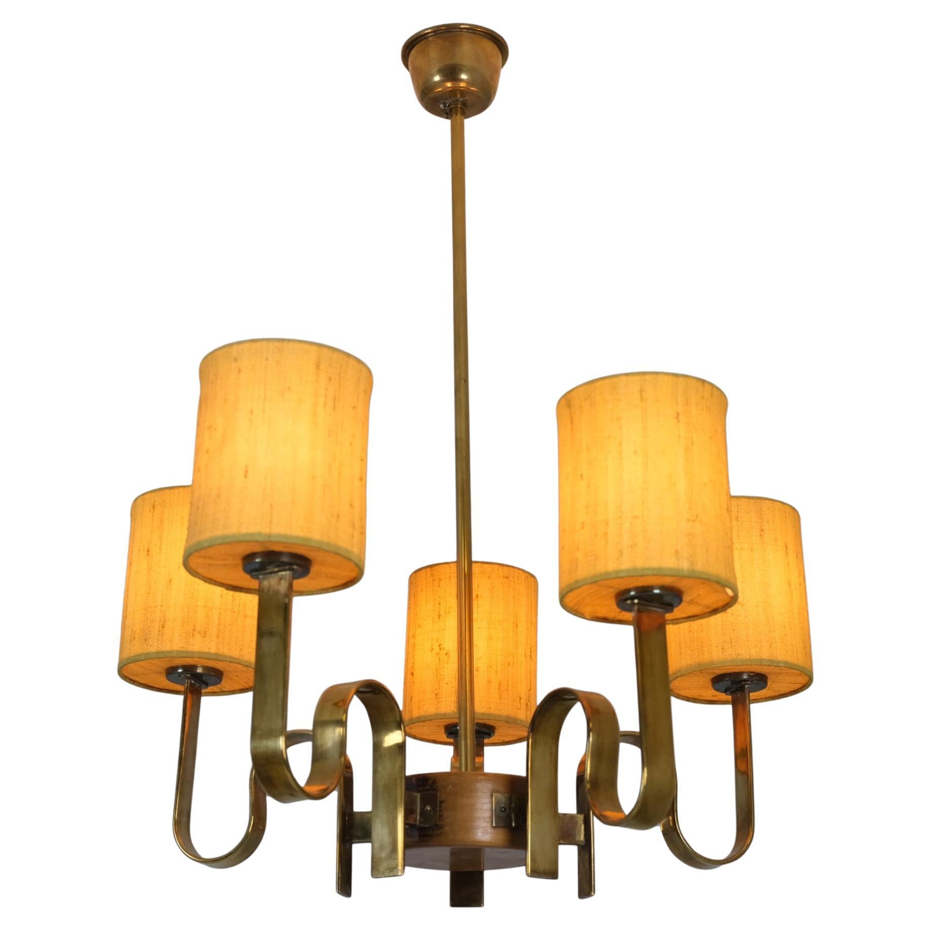 Rare lustre Paavo Tynell en laiton, Wood Wood et abat-jour jaune, Taito 1950s