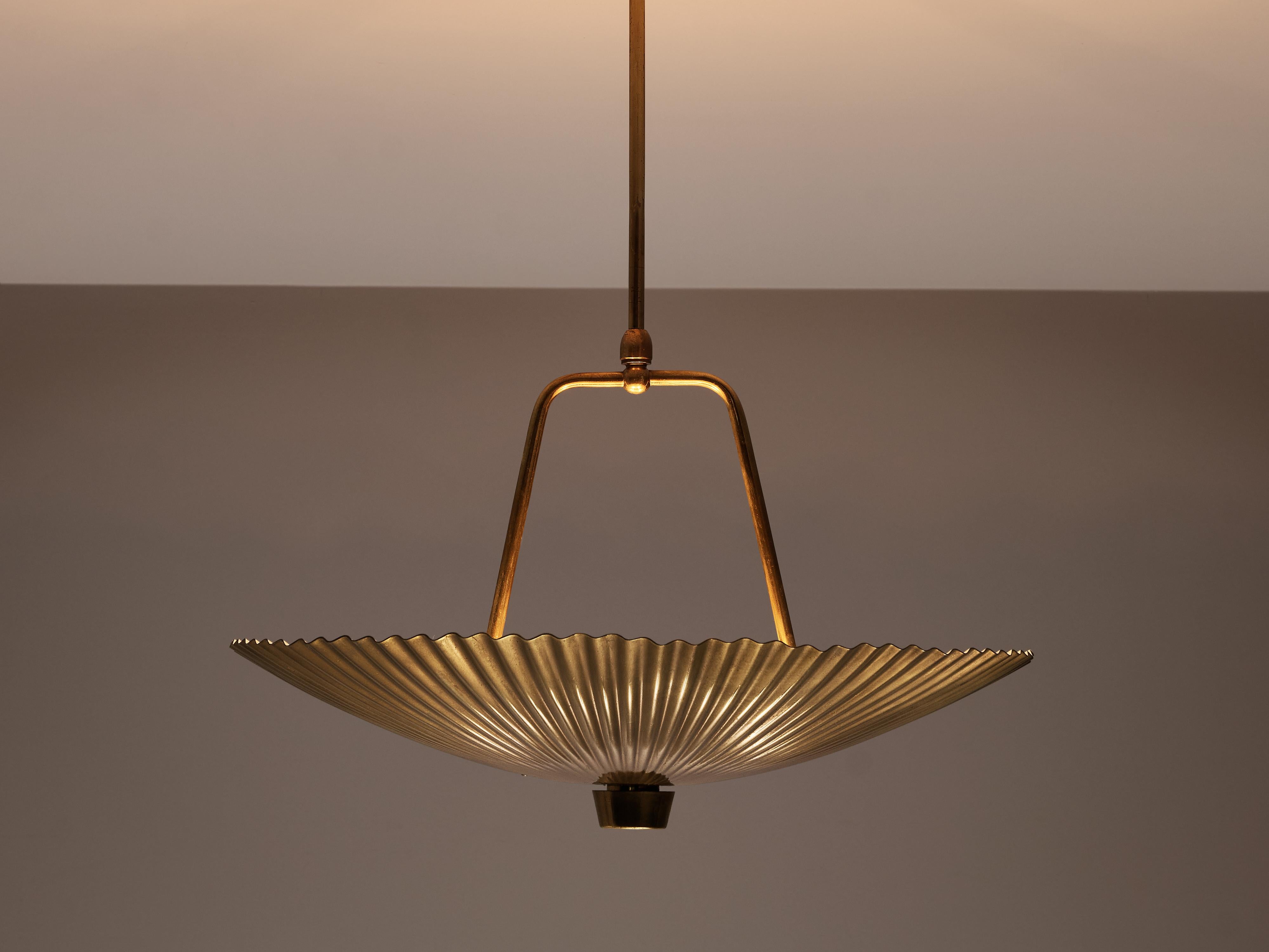 Mid-Century Modern Rare Paavo Tynell for Idman Pendant Lamp with Wavy Surface in Brass