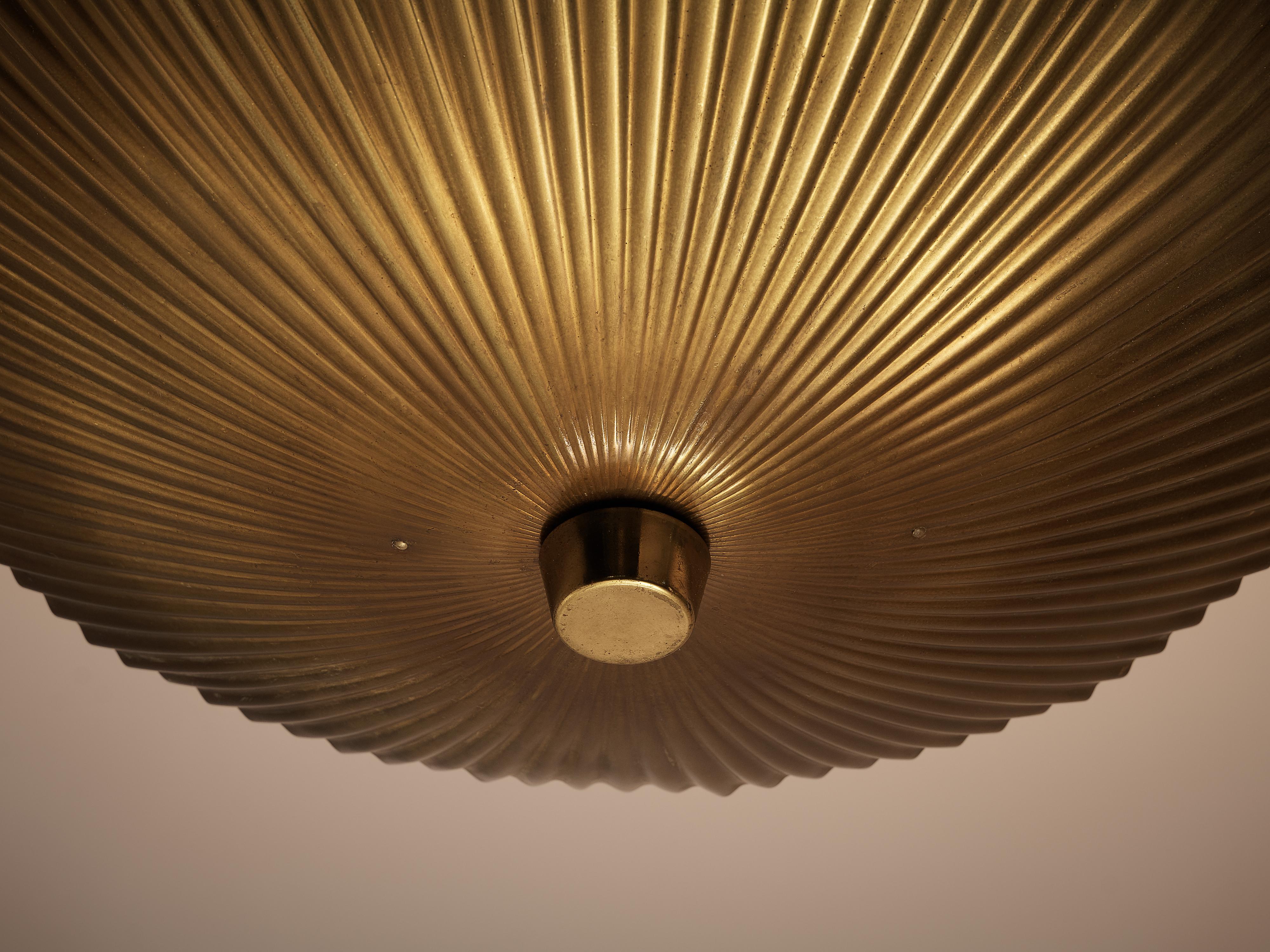 Finnish Rare Paavo Tynell for Idman Pendant Lamp with Wavy Surface in Brass
