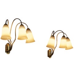 Rare Paavo Tynell for Taito Oy Pair of '9405' Wall Lights in Brass and Glass