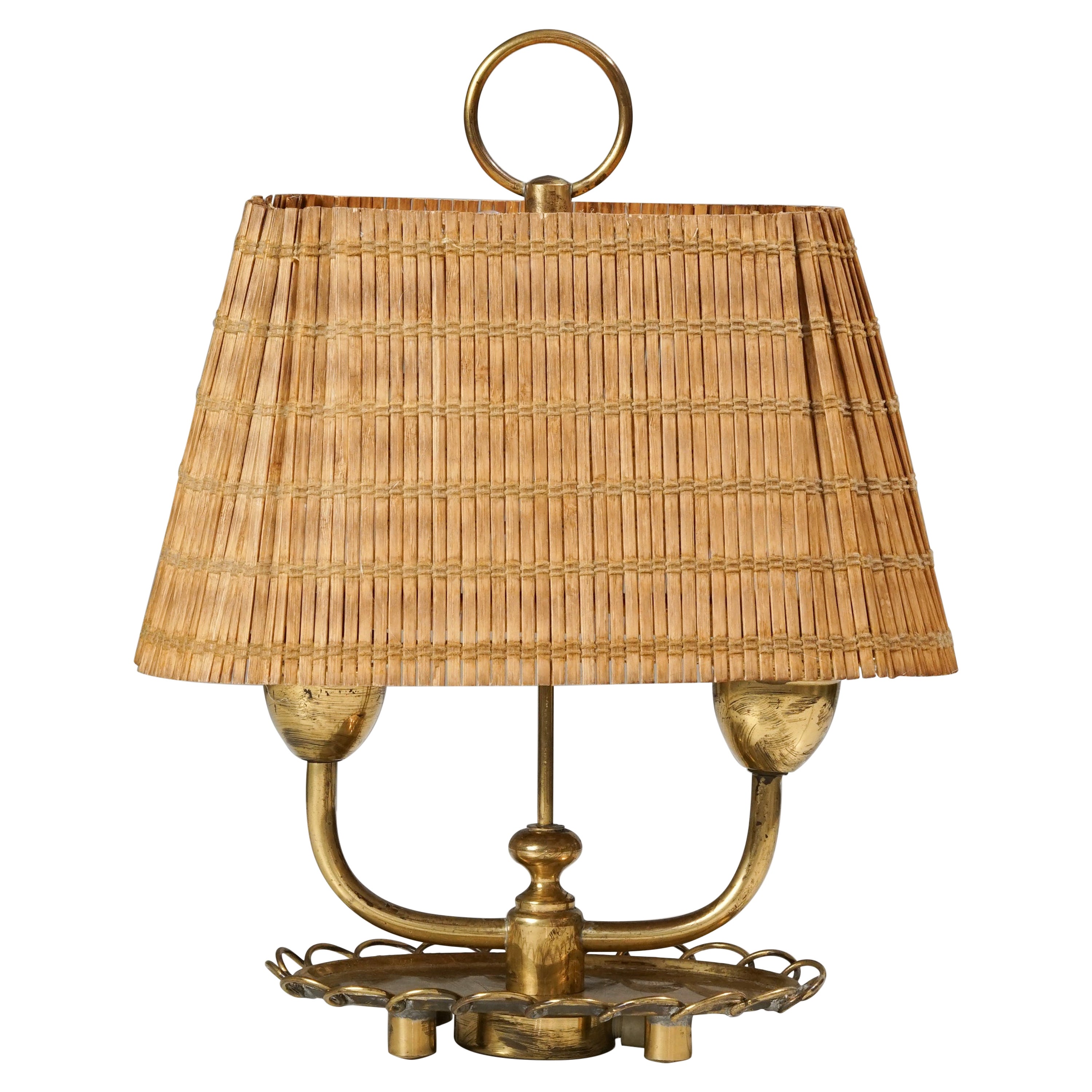 Rare Paavo Tynell Style Table Lamp in Brass and Wooden Aspen Shade, 1940s
