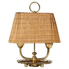 Rare Paavo Tynell Style Table Lamp in Brass and Wooden Aspen Shade, 1940s