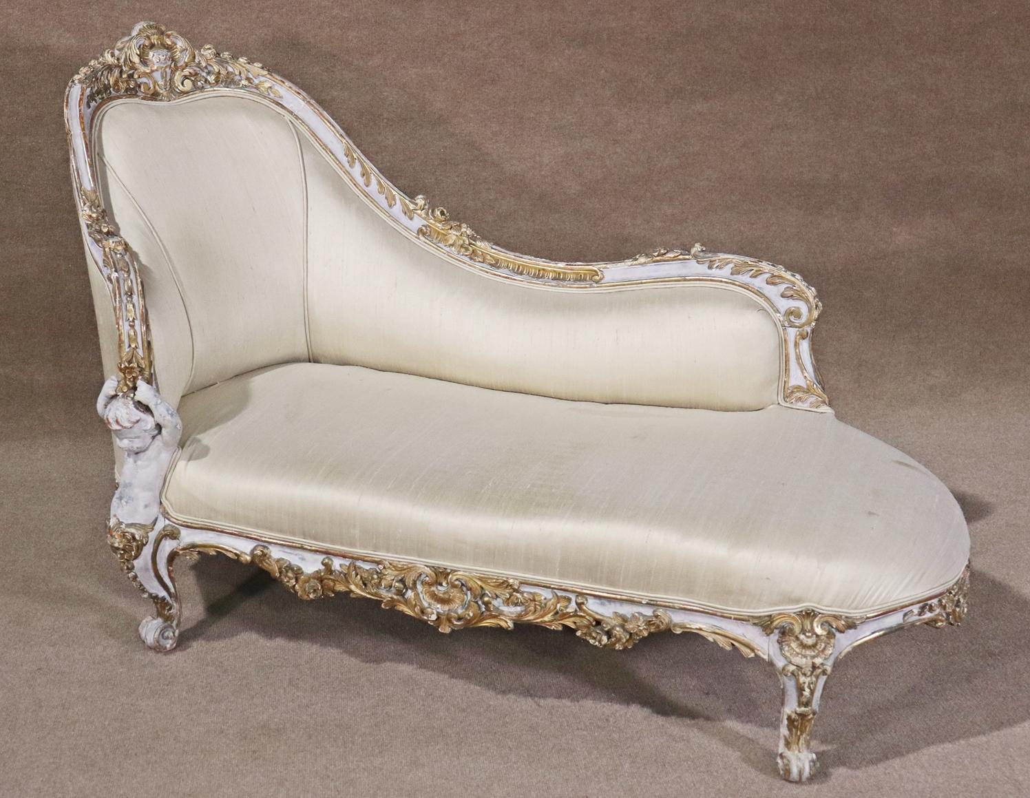 Louis XV Rare Paint Decorated and Gilded Meridian Chaise Daybed with Putti Cherubs