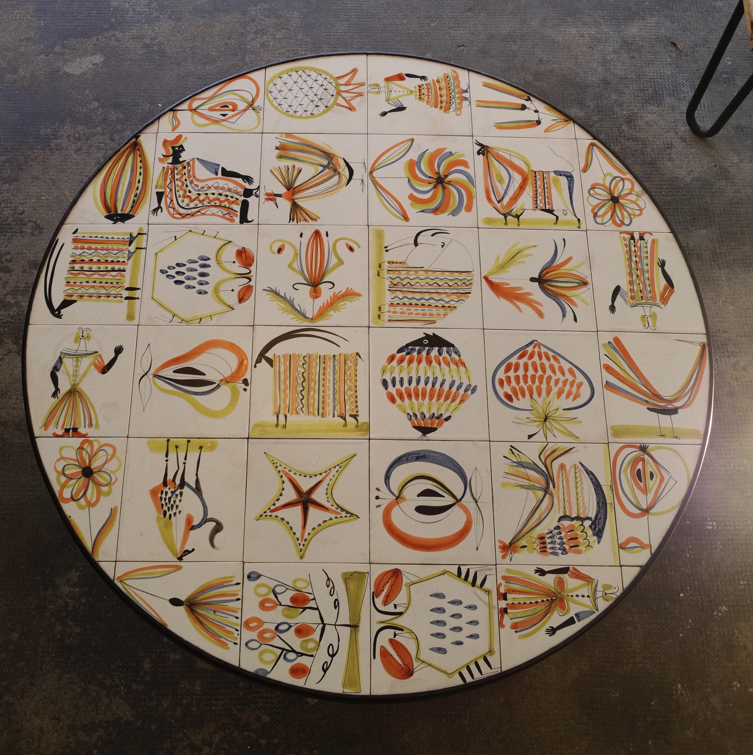 Mid-Century Modern Rare Painted Ceramic Tiles Coffee Table by Roger Capron, Vallauris, circa 1960 For Sale