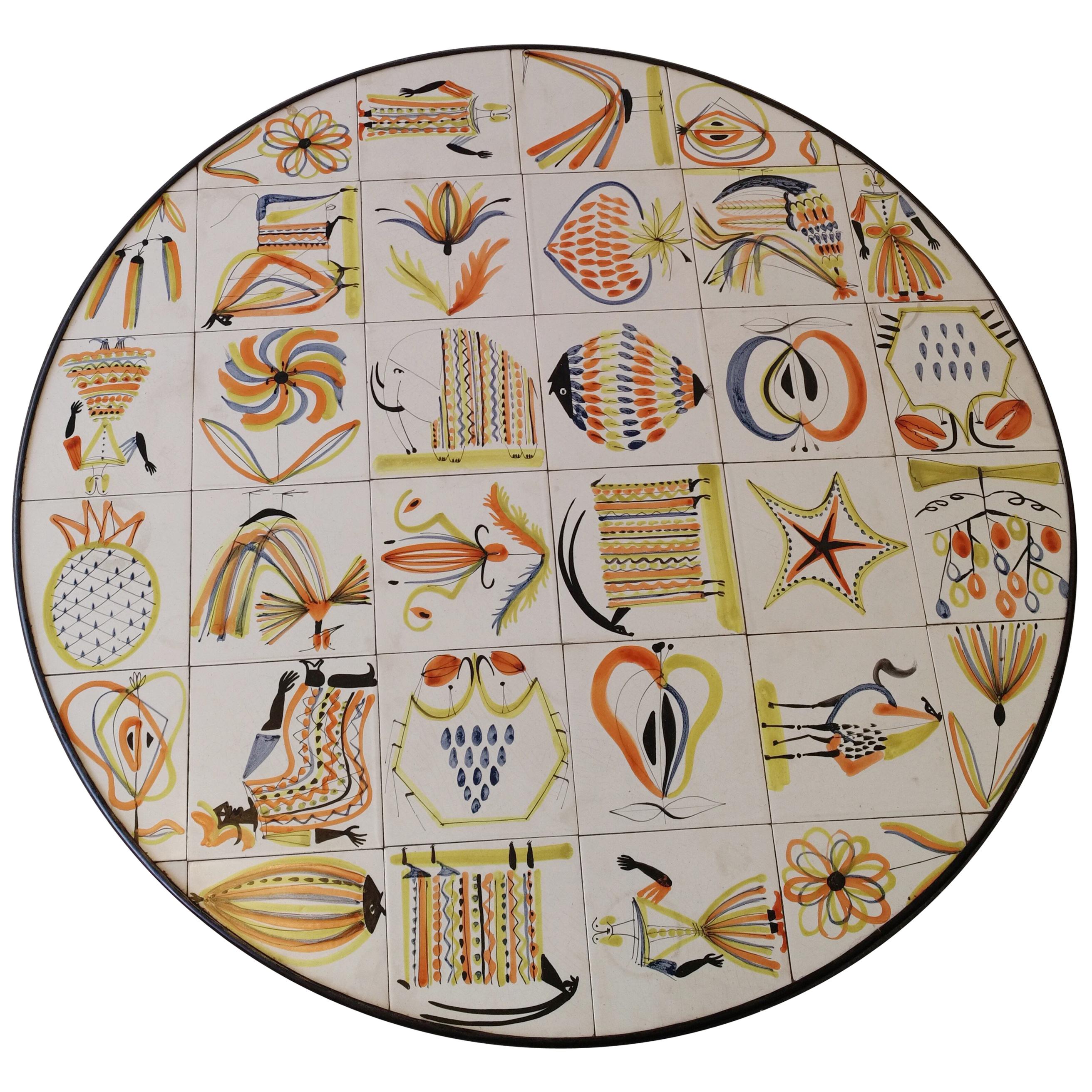 Rare Painted Ceramic Tiles Coffee Table by Roger Capron, Vallauris, circa 1960 For Sale