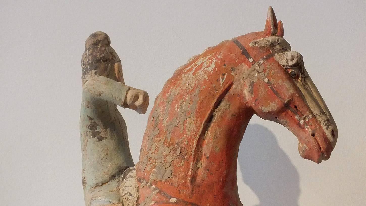 Rare Painted Red Pottery Male Polo Player Astride a Galloping Horse For Sale 3