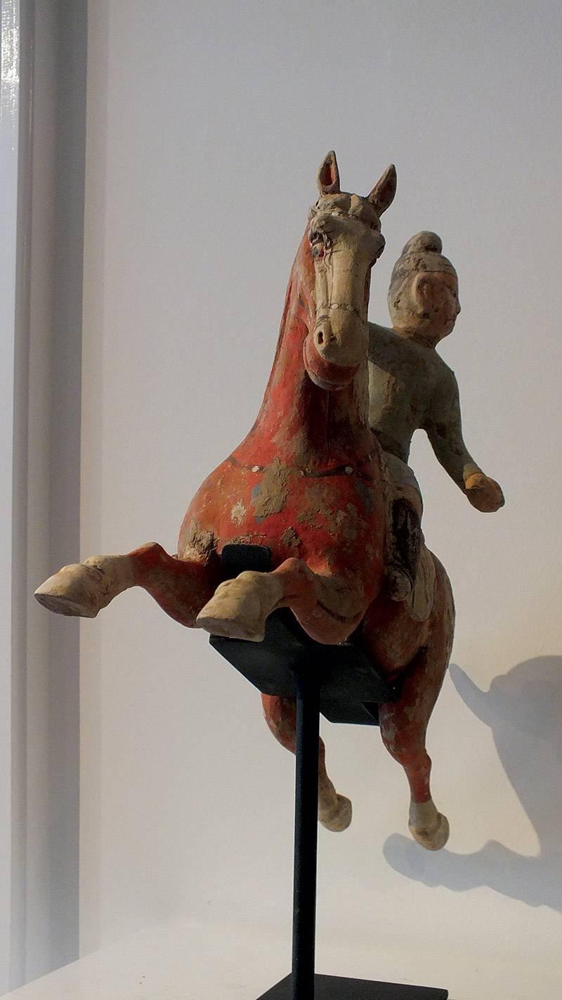 Rare Painted Red Pottery Male Polo Player Astride a Galloping Horse For Sale 4