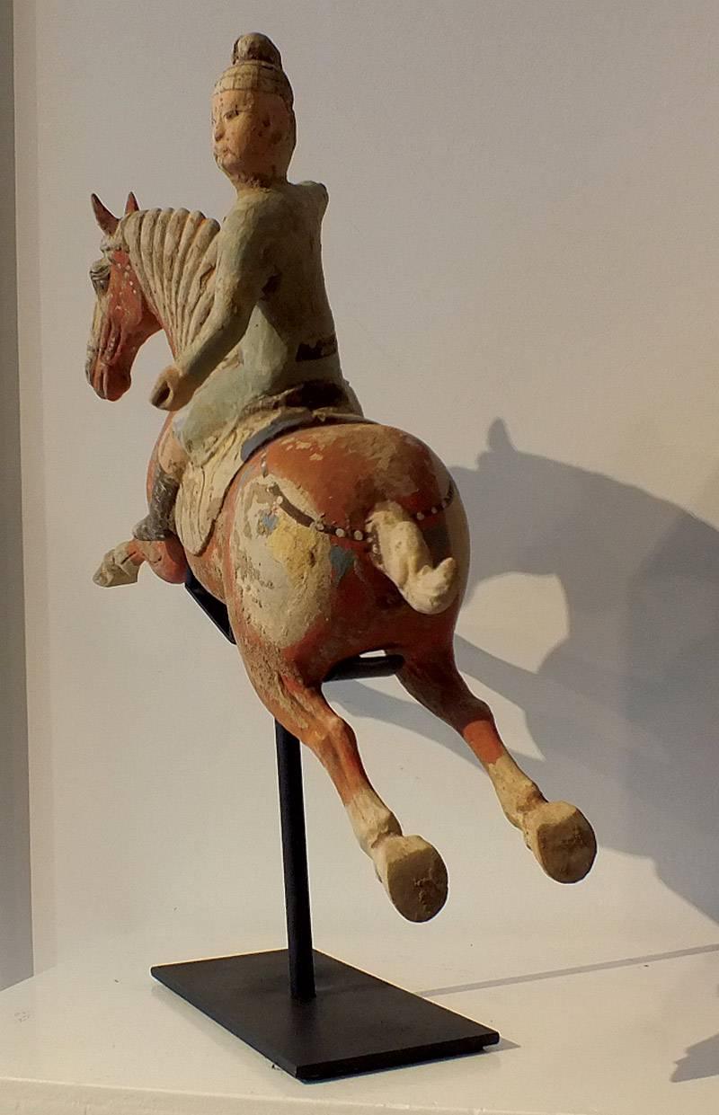 Ceramic Rare Painted Red Pottery Male Polo Player Astride a Galloping Horse For Sale