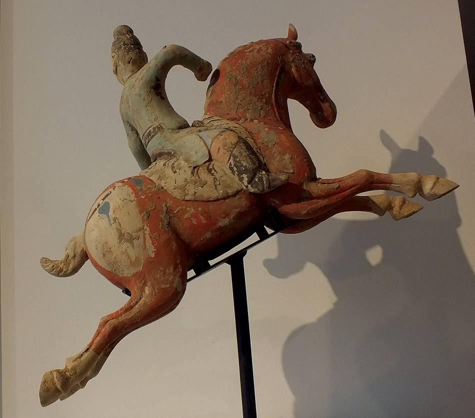 Rare Painted Red Pottery Male Polo Player Astride a Galloping Horse For Sale 1