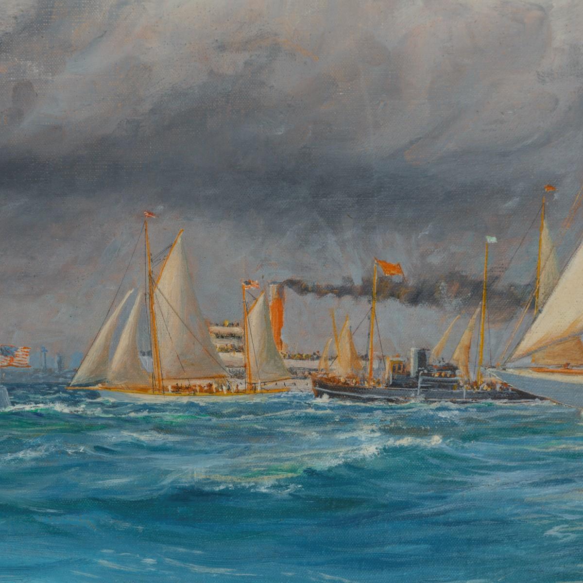 Rare Painting of 1930 America’s Cup Racing off Newport, Signed ‘Harold Wyllie 6